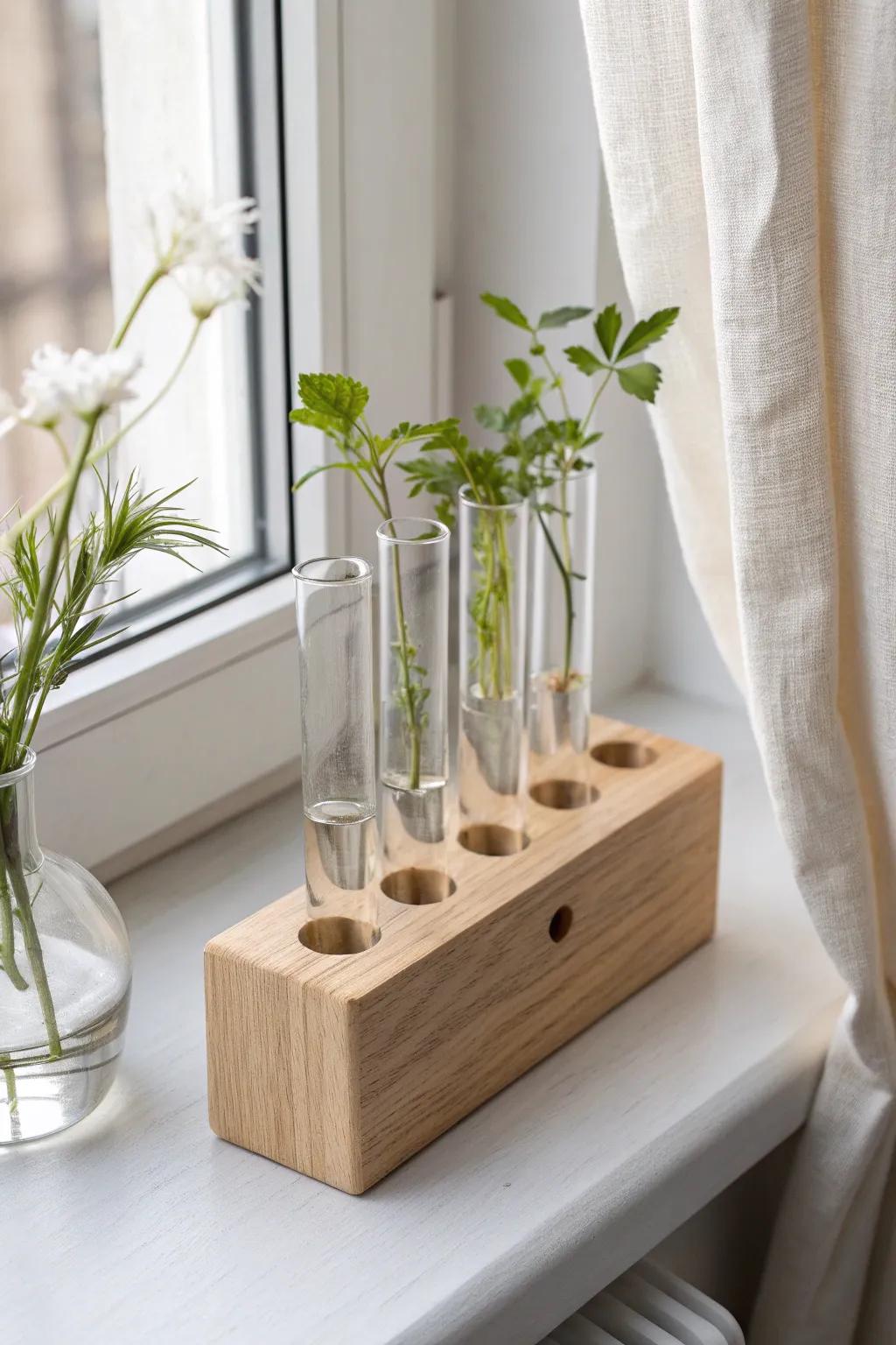 Minimal oak test-tube station—watch cuttings root in bright light for living windowsill decor.