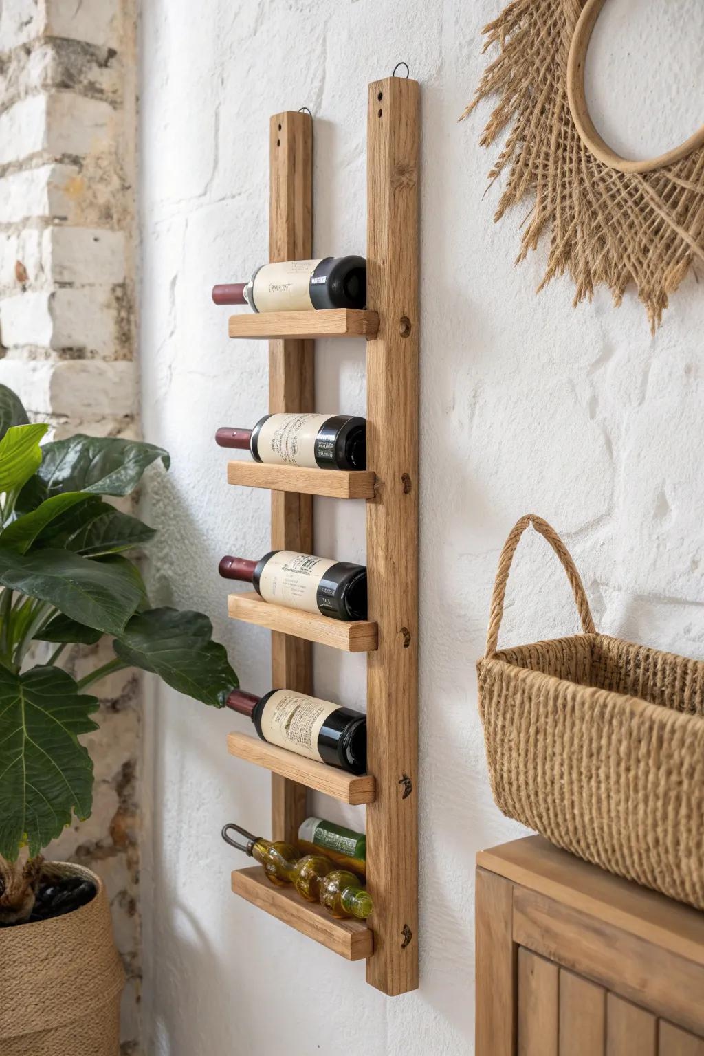 Wall-mounted bottle pegs turn the cabinet’s side into a clean, intentional display wall.