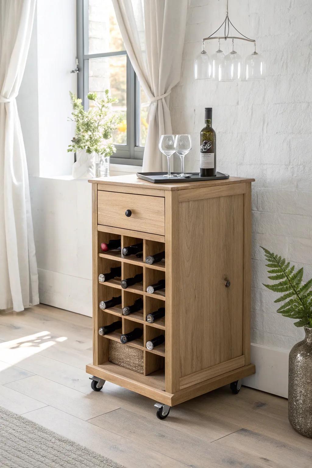 A sleek oak rolling wine cabinet on casters—serve, style, and tuck away with ease.