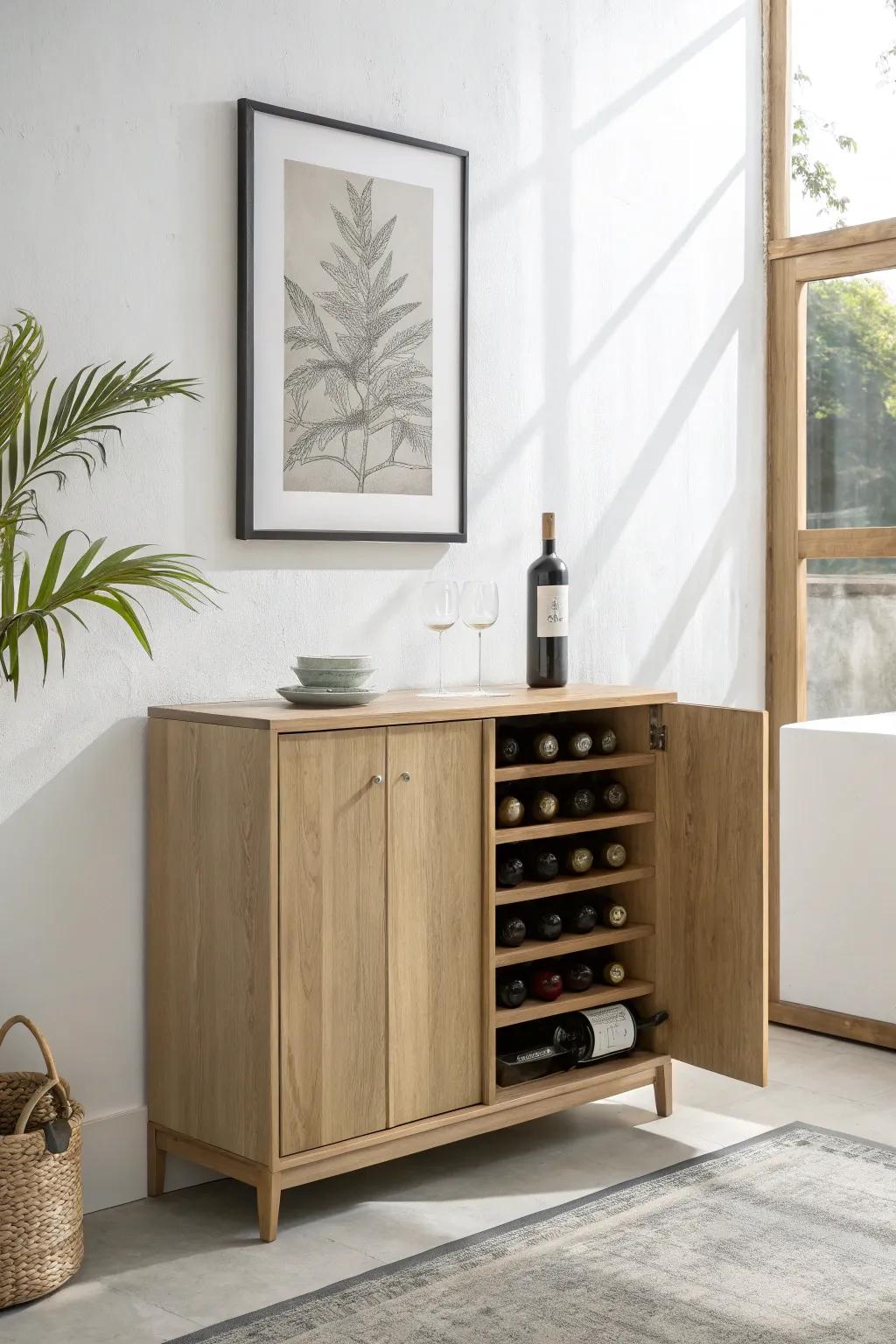 A framed art panel that swings open to reveal a hidden oak wine rack—minimalist, magical storage.