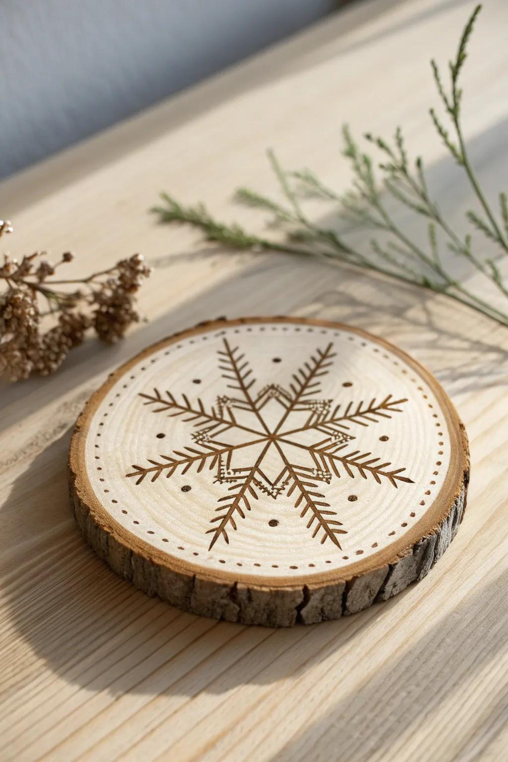 Wood-burned snowflake coaster on a birch slice—simple, cozy winter table charm.
