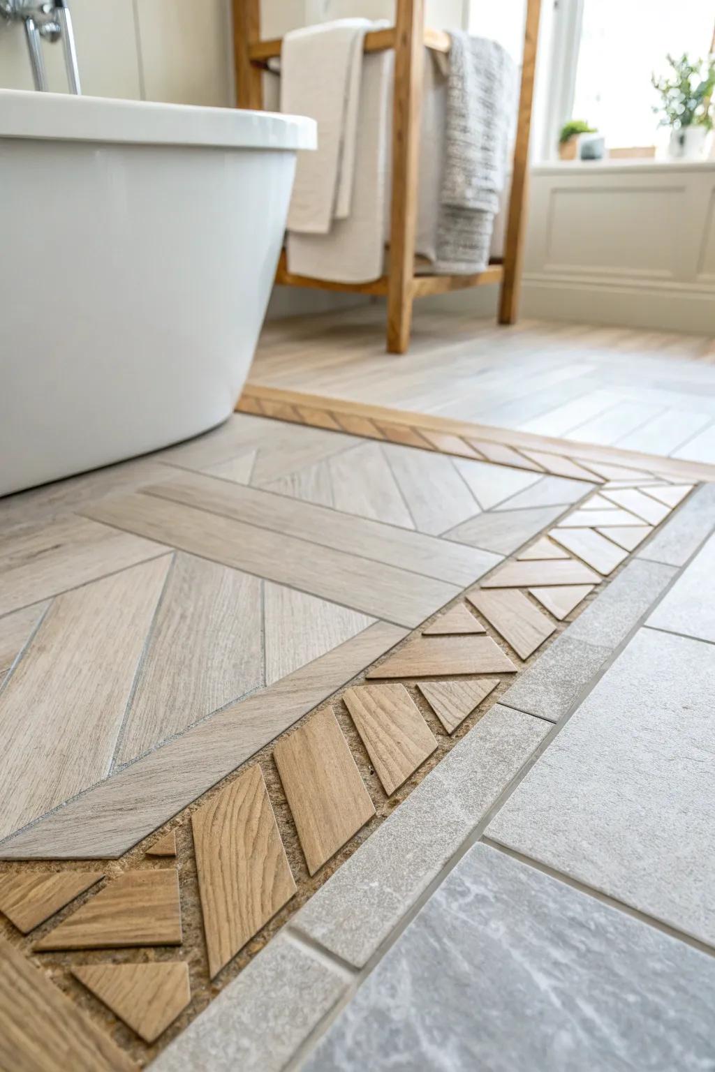 Stone tile floor with slim oak inlay strips—custom rug vibes with Scandinavian calm.