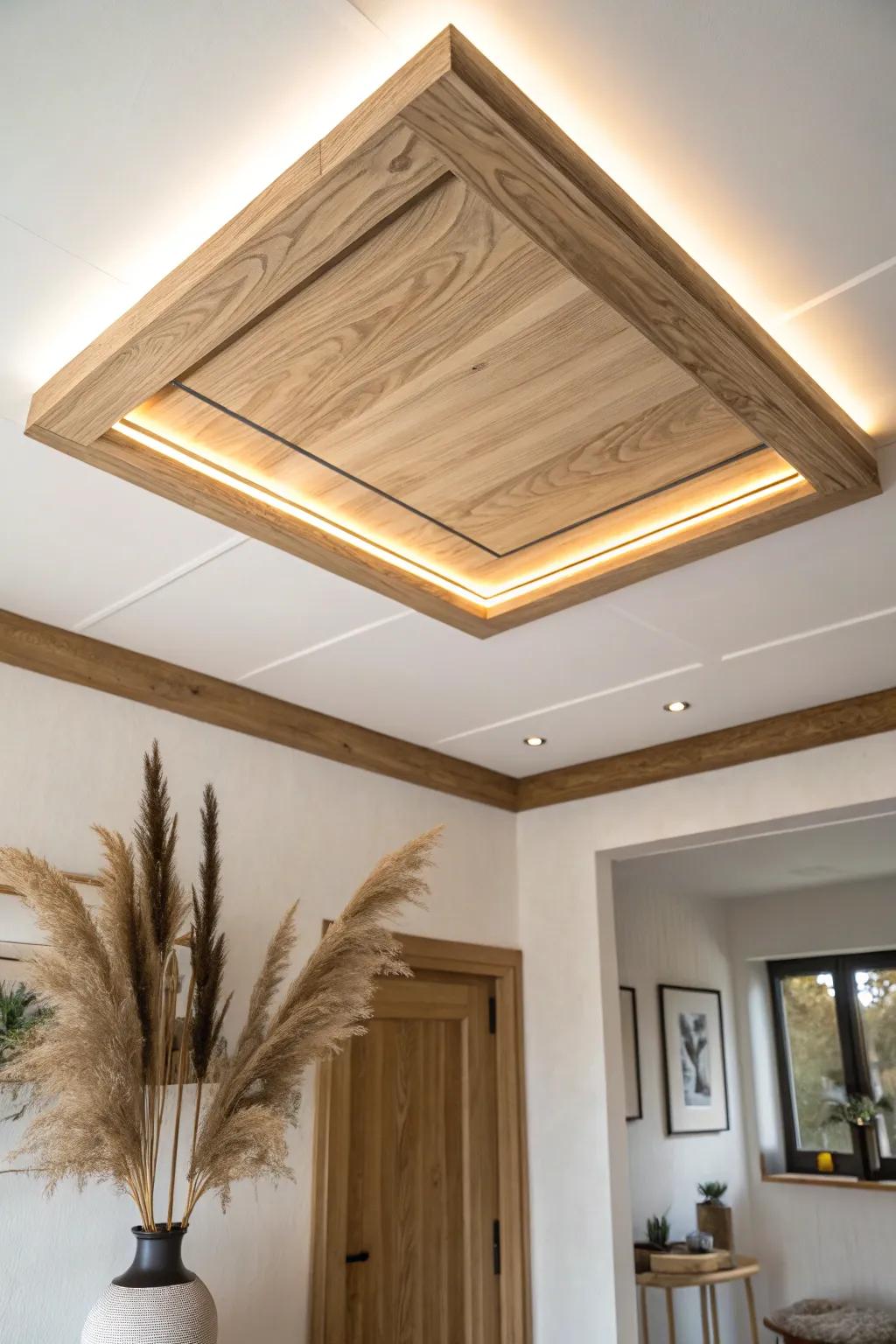 Skylight-style light well with oak trim and hidden LEDs for a soft, glowing wood ceiling.
