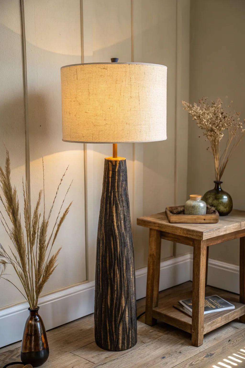 Charred wood base + warm linen shade—moody contrast that makes the glow feel extra cozy.