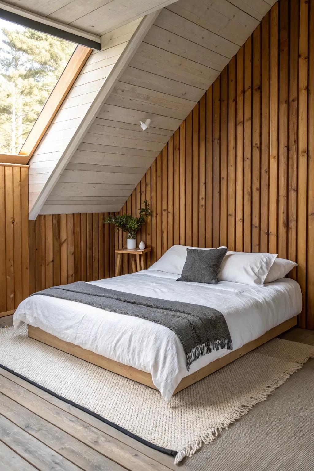 Wrap wood paneling onto the ceiling for a cozy, cocoon-like bedroom nook that feels luxe.