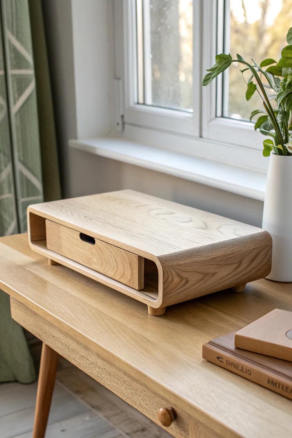 A sleek wood riser with a hidden pocket underneath—pretty on top, secretly practical.