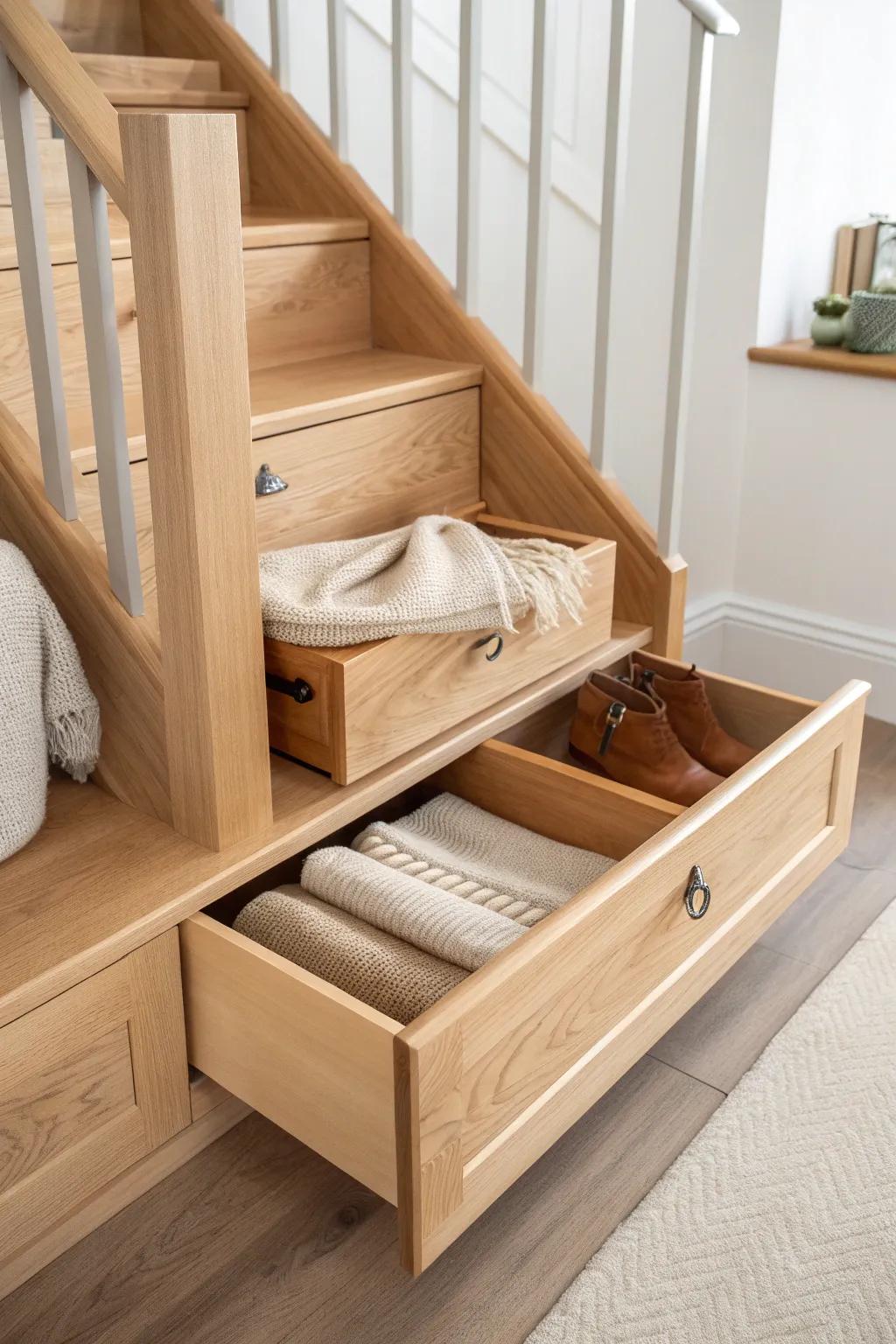 Hidden drawer stair riser: seamless oak storage for gloves and leashes—minimal, beautiful, smart.