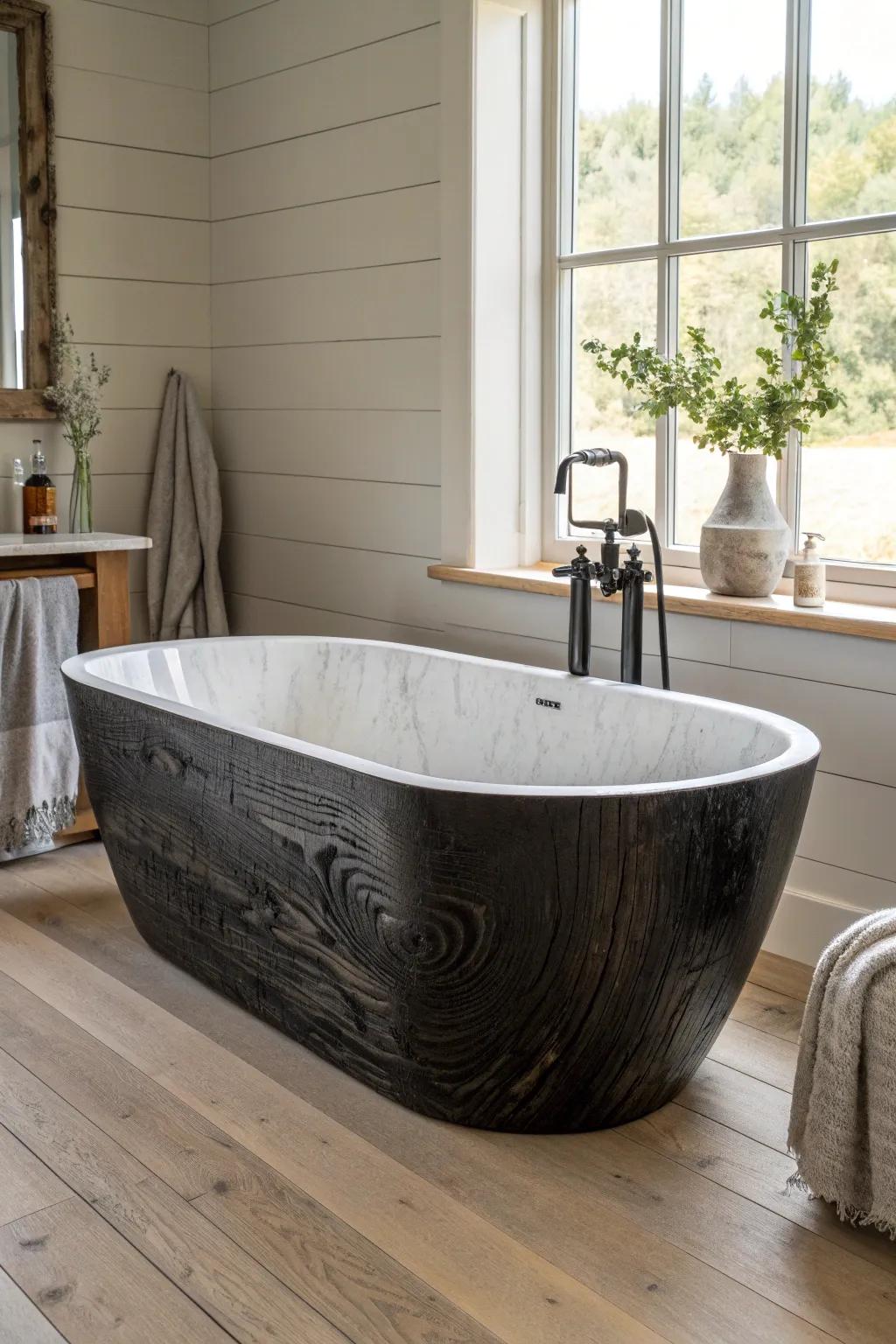Shou Sugi Ban tub surround: bold, sealed charred texture for a calm, modern spa look.