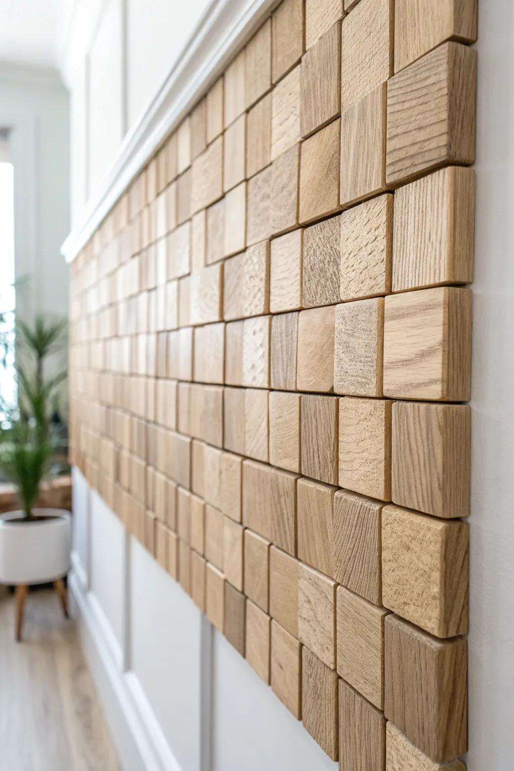 A touchable kinetic wood wall panel—flip-tiles that ripple with every passing breeze.