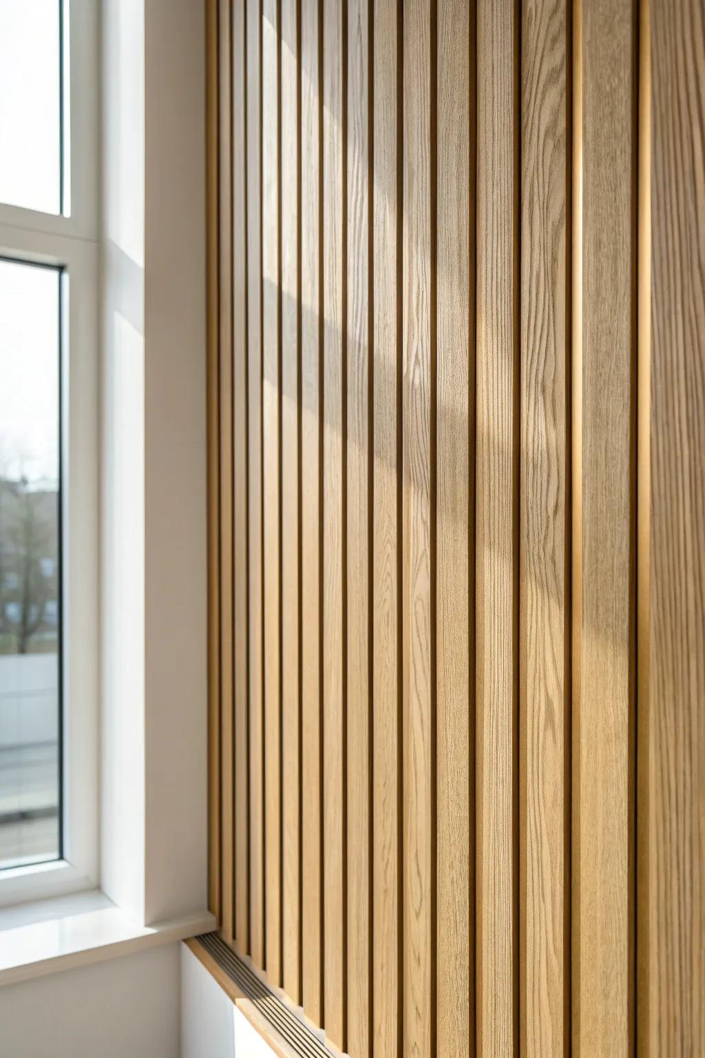 Light oak slats with slim brass inlay lines—minimal, warm, and instantly artful.