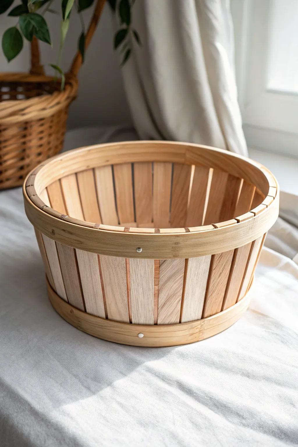 A minimalist slatted wood basket with a blush resin inlay—simple, modern, and wow-worthy.