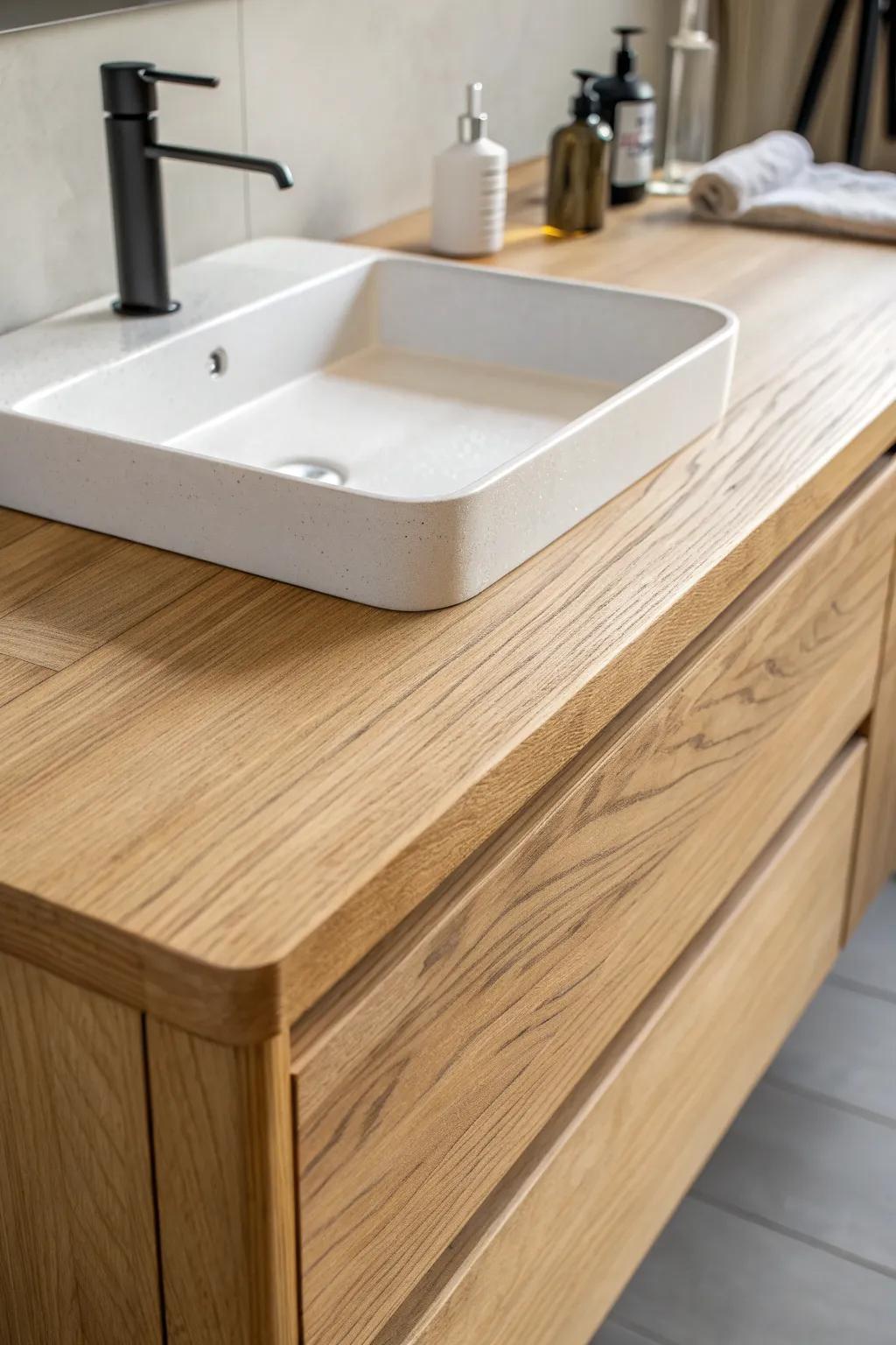 Pale oak vanity with a clear resin river inlay—minimalist, practical, and artful.
