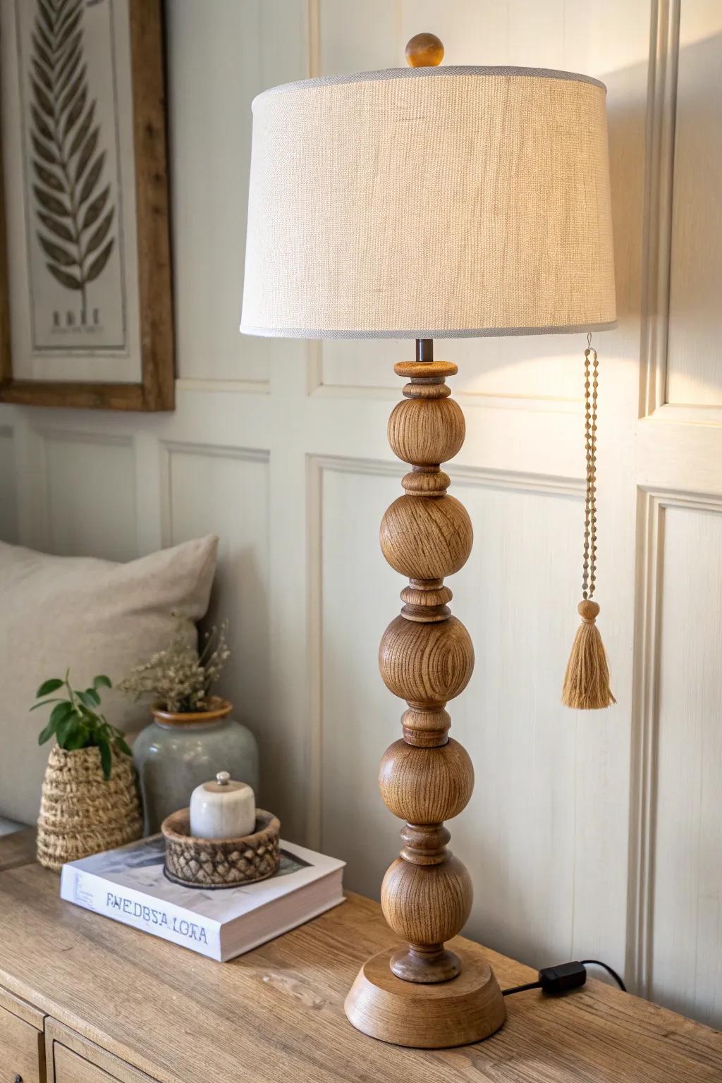 Playful wood‑bead totem lamp with a soft linen shade—minimal, warm, and handmade.