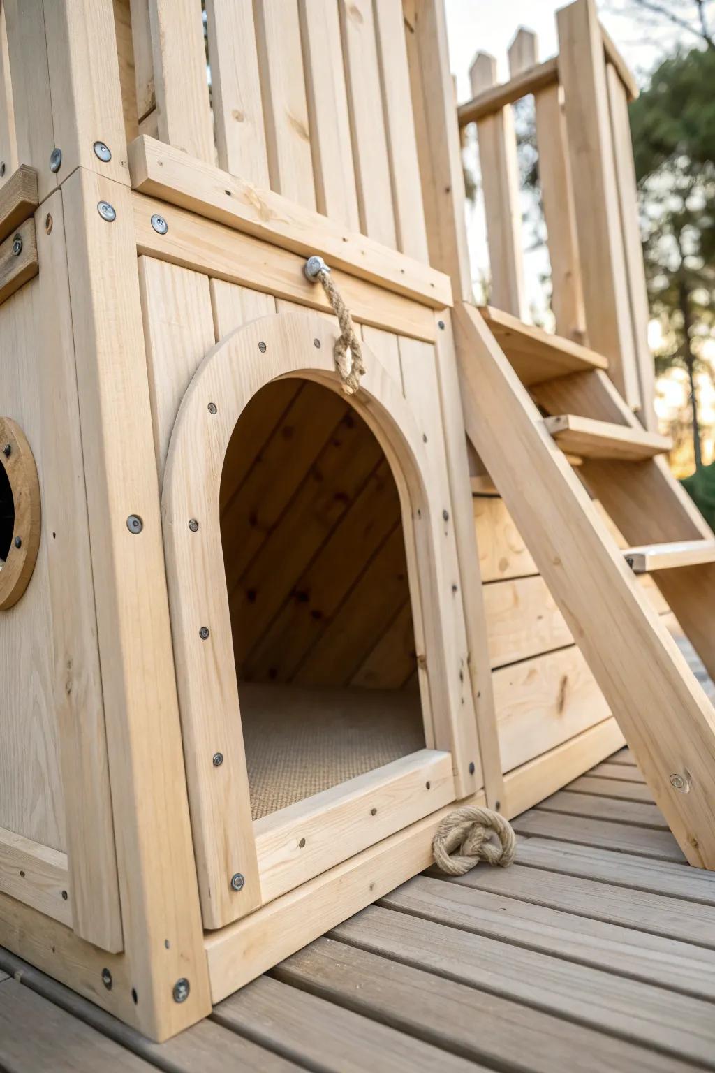 A hidden trap door reveals a smooth wooden crawl tunnel—secret escape route magic for kids.