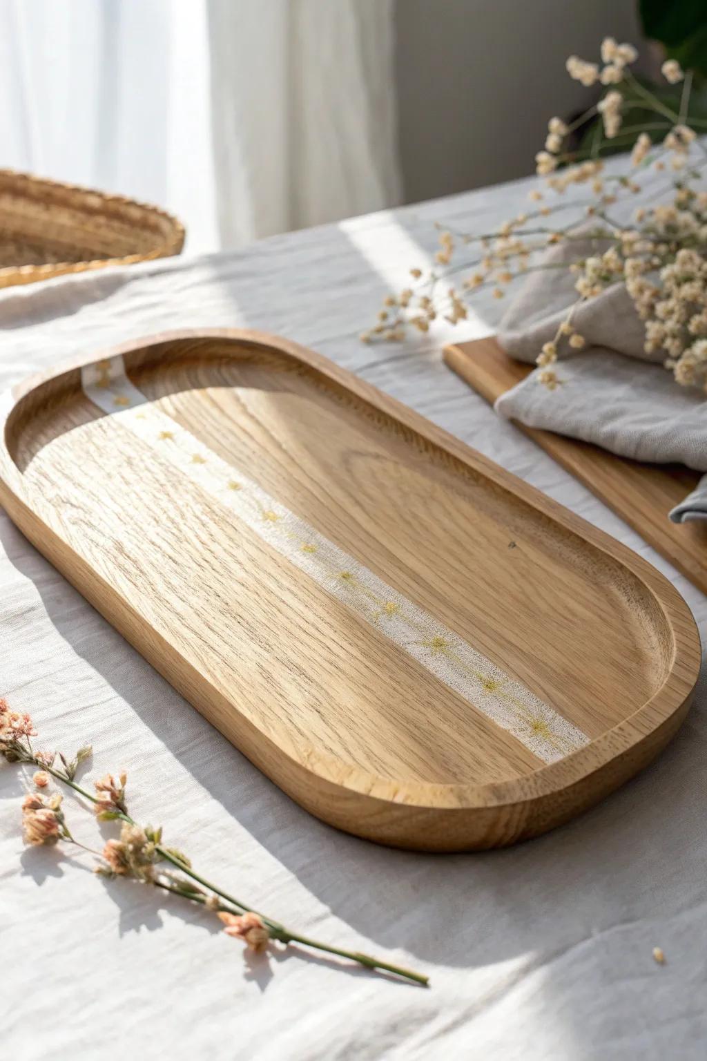 Minimal oak tray with a blush resin edge—inlay detail that makes it feel bespoke and modern.
