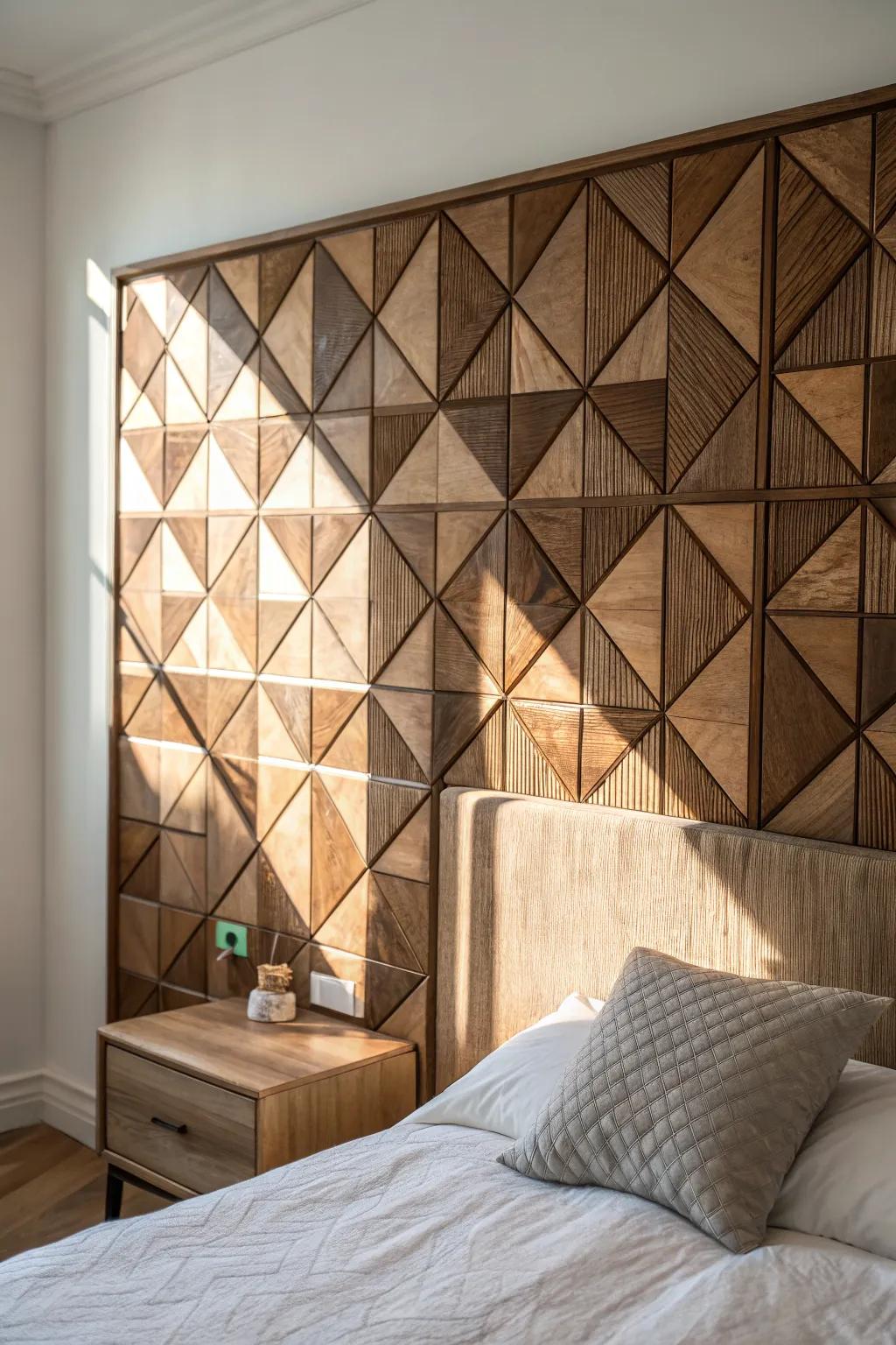 Geometric wood tile headboard wall—minimal, warm, and crafted from beautiful scrap offcuts.
