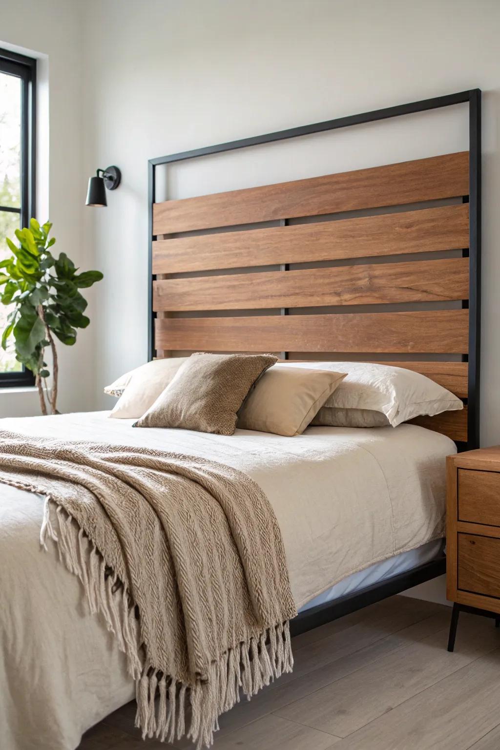 Warm wood slats + matte black steel frame: the cabin-chic headboard that stays minimalist.