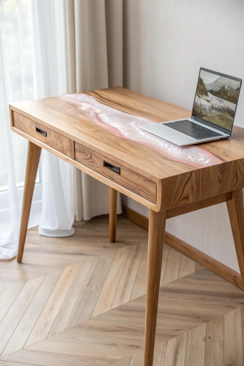 Oak desk with blush-clear resin inlay—minimalist craftsmanship that glows in daylight.