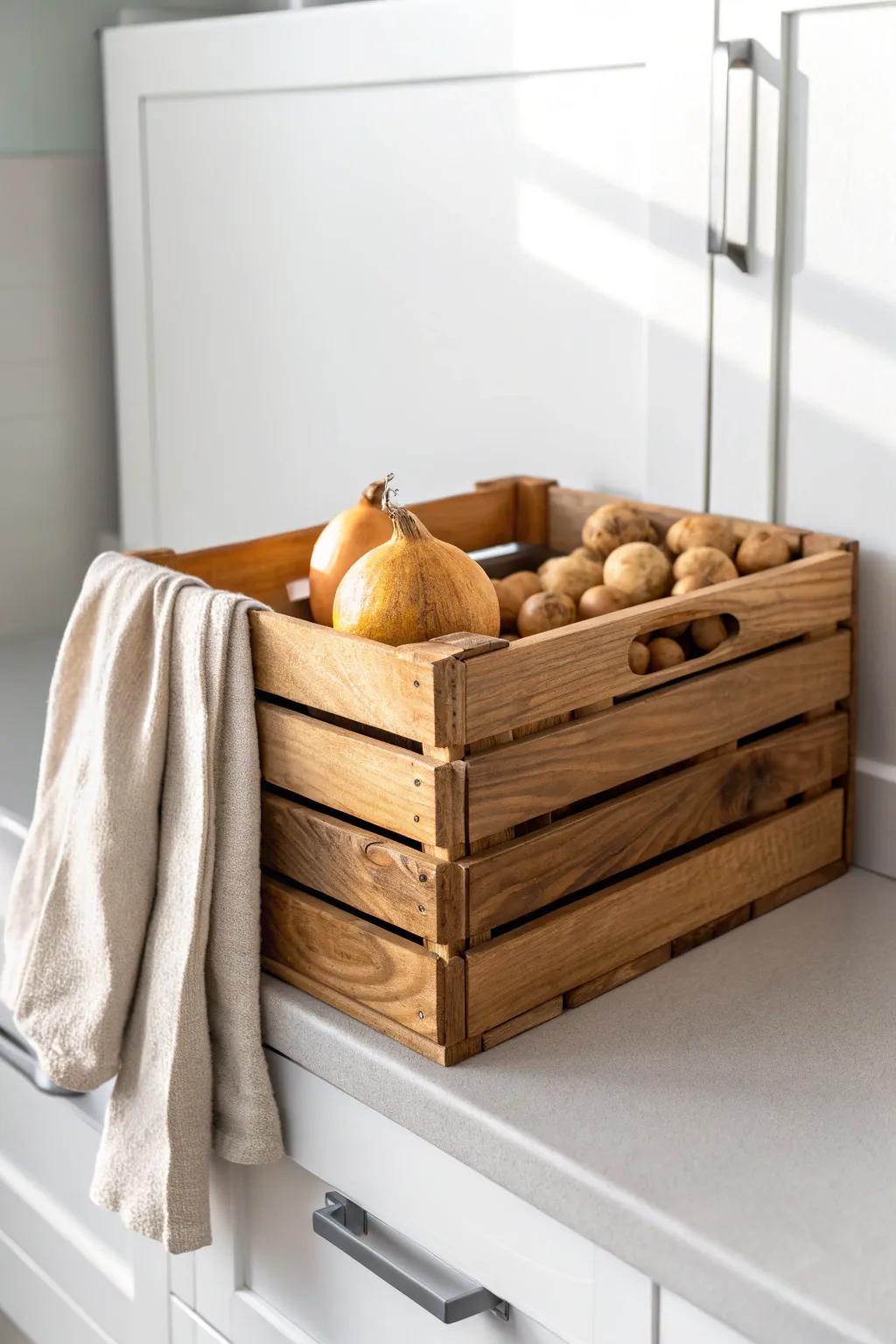 Slatted pull-out wood crate for onions & potatoes—airy storage with rustic, handmade charm.