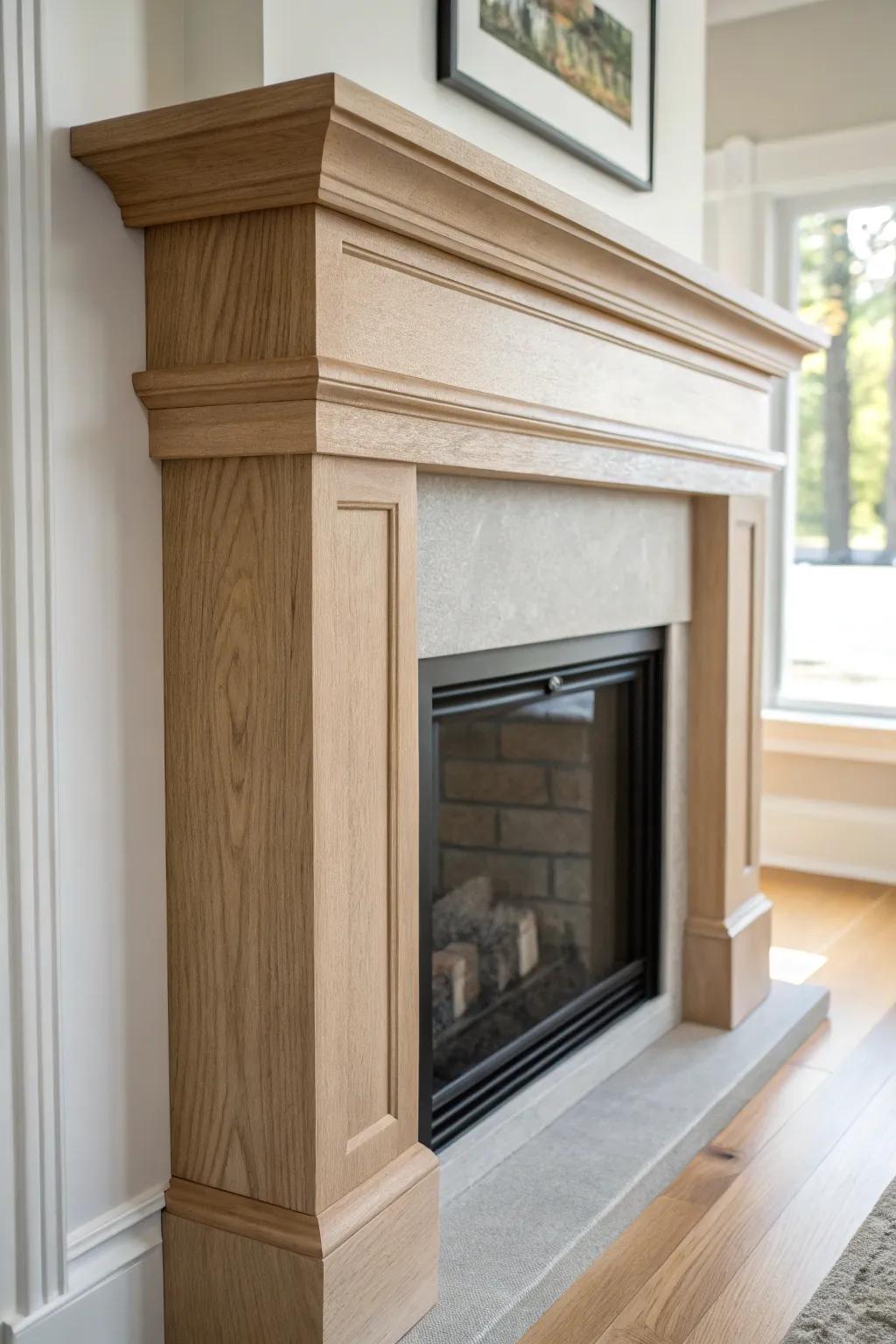 A wrap-around oak mantel with a slim limestone cap—elegant, durable, and made for real fires.
