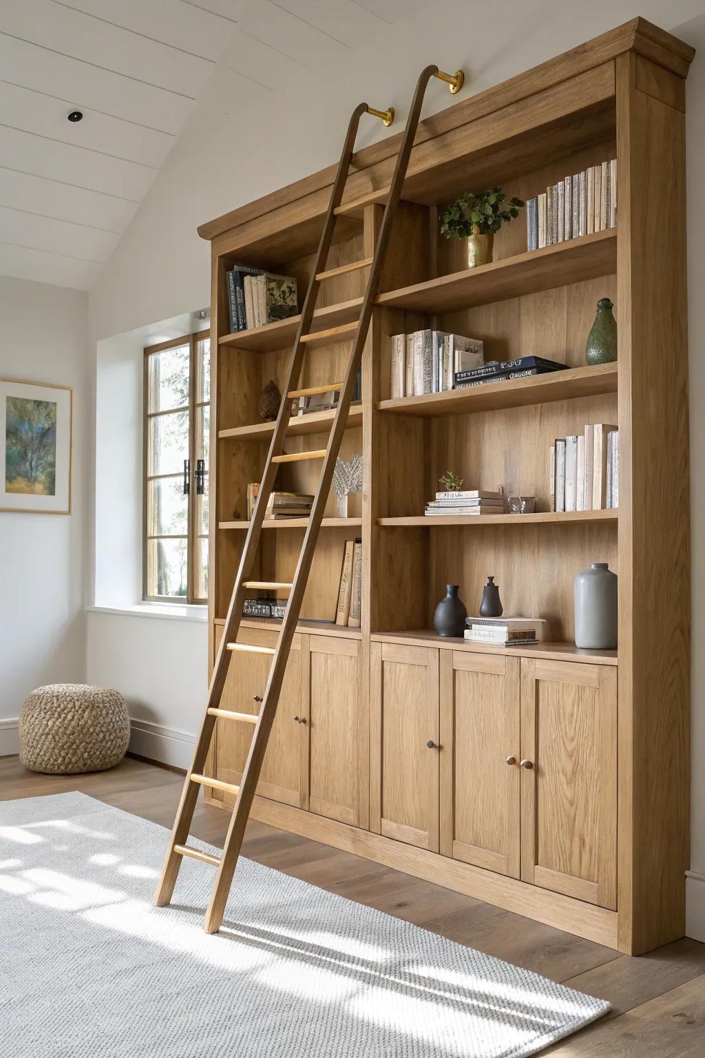 A floor-to-ceiling bookshelf wall with a rolling ladder—minimal, warm, and pure library magic.
