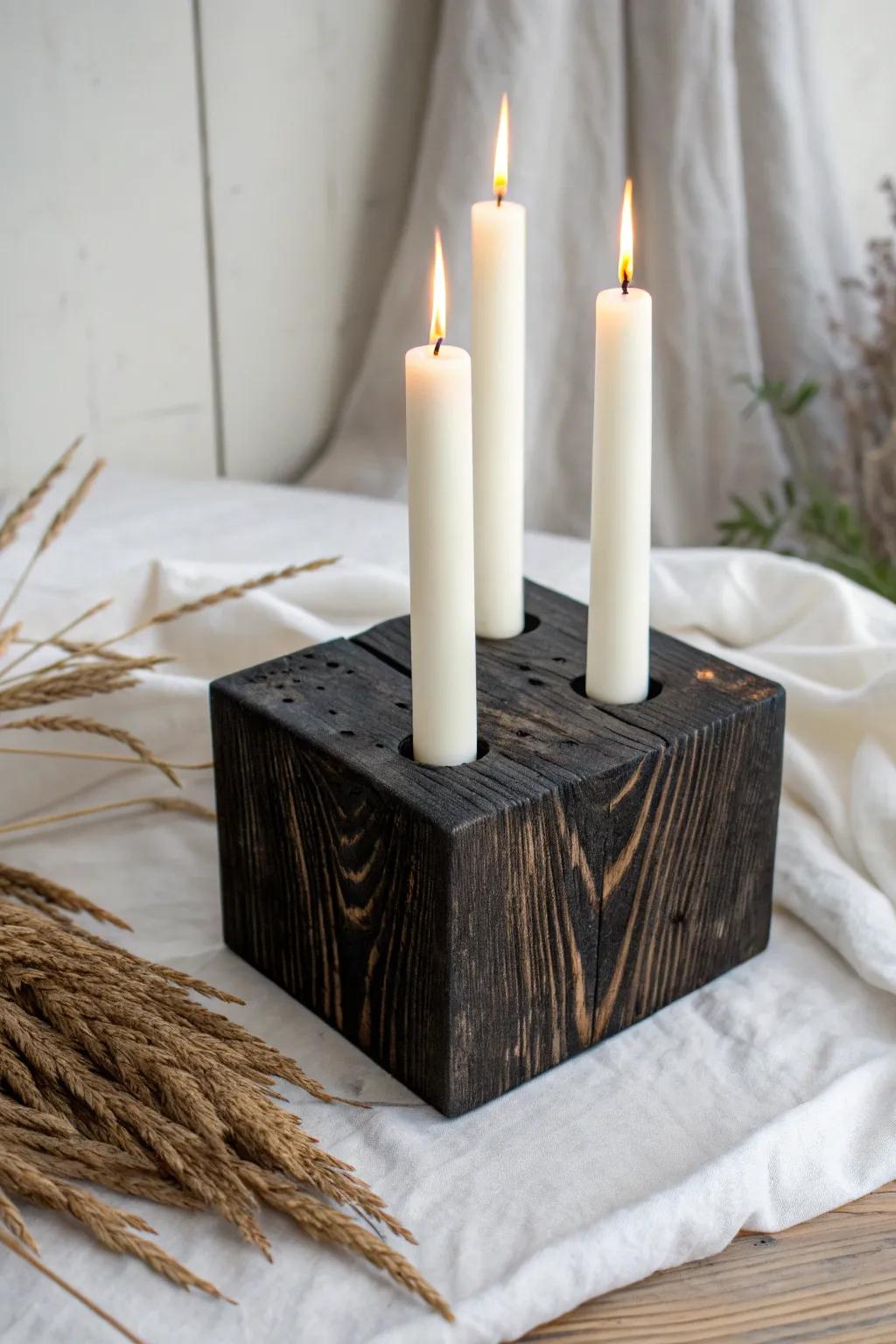 Charred-wood Yule night altar with white candles—dramatic contrast, calm Nordic glow.