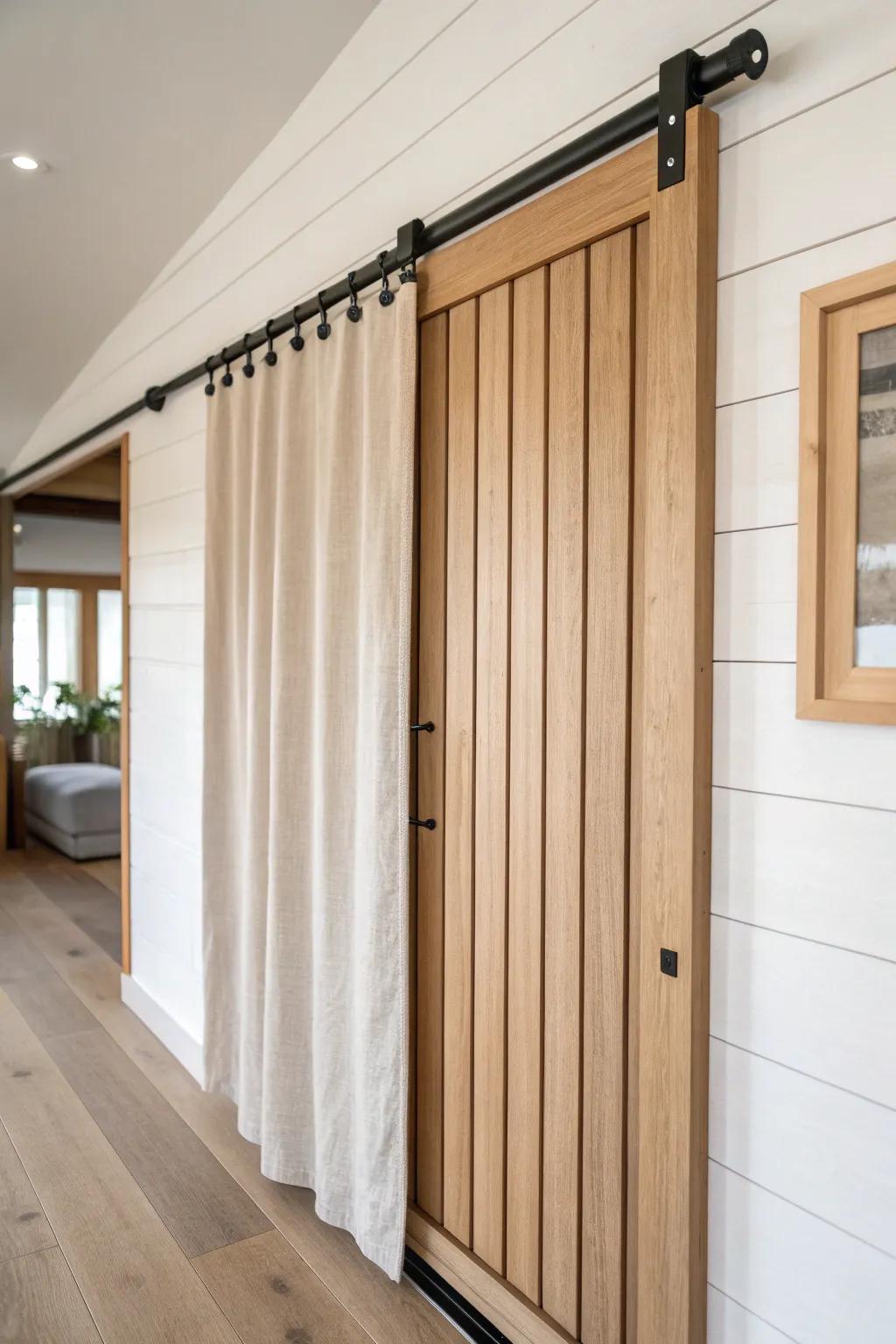 Oak slat sliding partition with linen backing—airy by day, private bedroom by night.