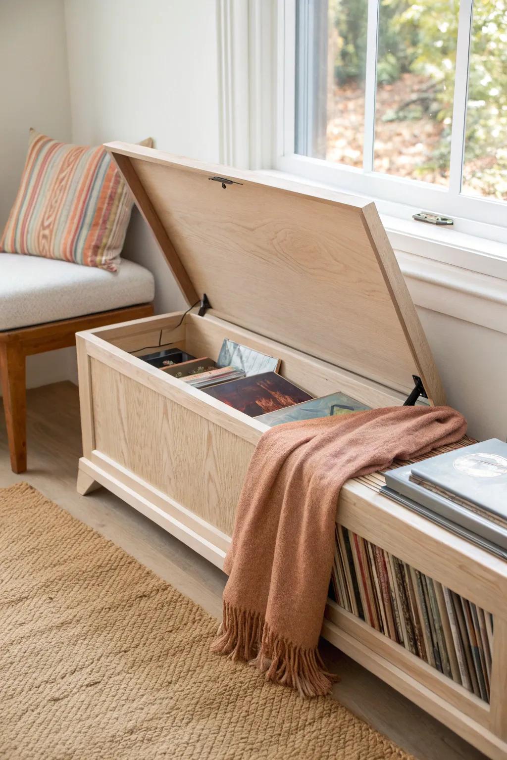 A flip-up window seat hides a smooth-lined record bay—cozy, minimal, and beautifully practical.