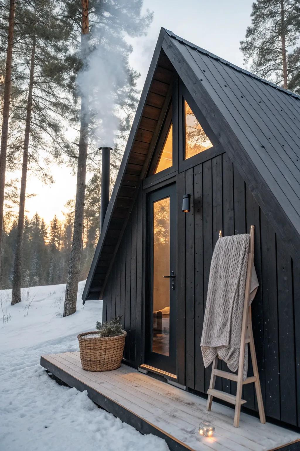 A dark timber sauna cube linked by a tiny deck—warm glow, clean lines, winter-ready calm.