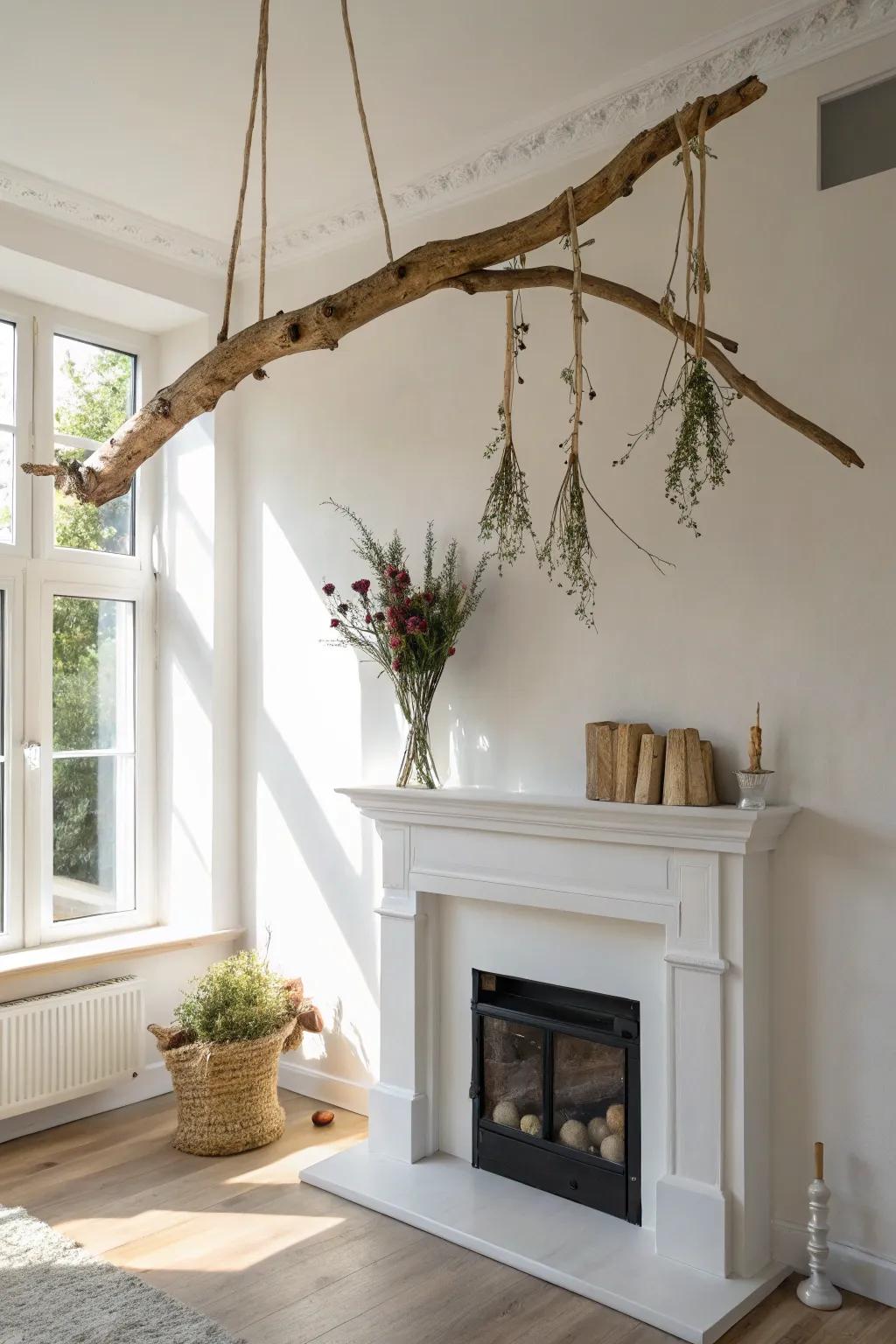 A sculptural sanded branch hung with linen cord—airy, minimal, and perfectly fireplace-ready.