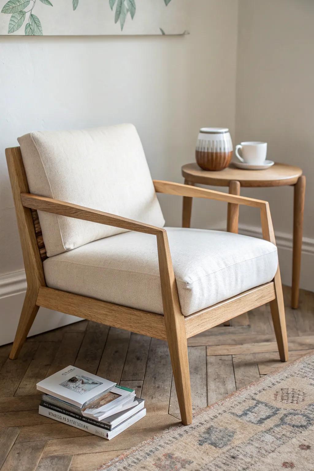 A bedroom accent chair with a slim built-in shelf arm—perfect for books and tea.