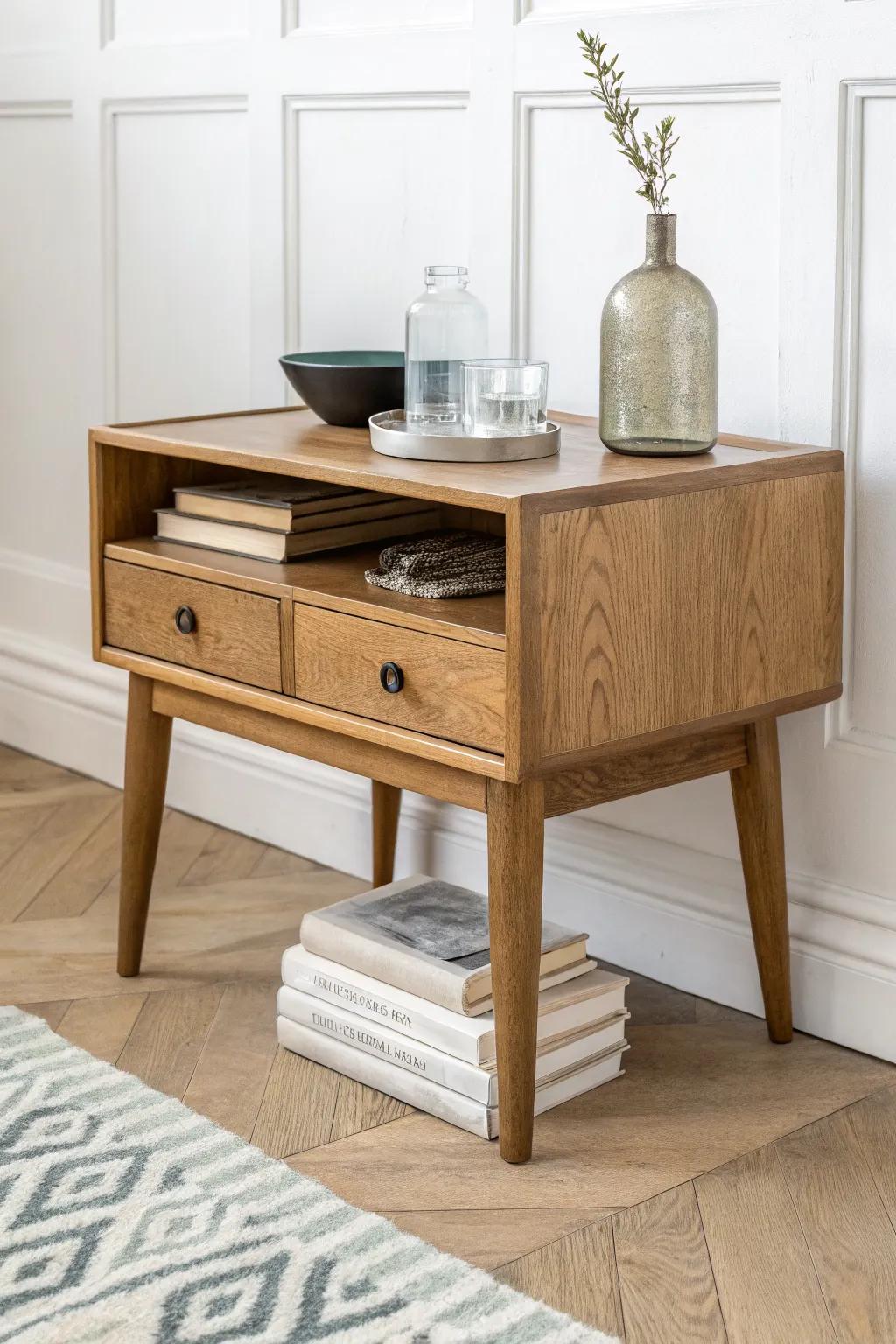 Toolbox-inspired oak accent table with tidy cubbies—minimal styling, big craftsmanship energy.