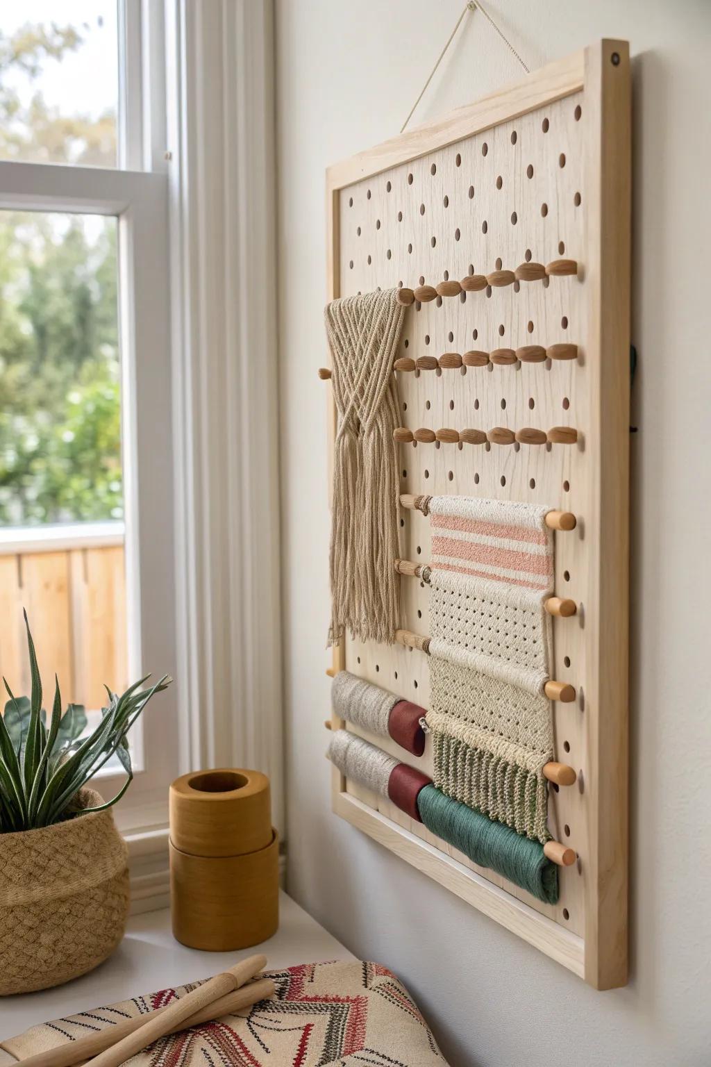 Turn a simple birch pegboard into a mini loom—woven texture, art, and hooks in one.