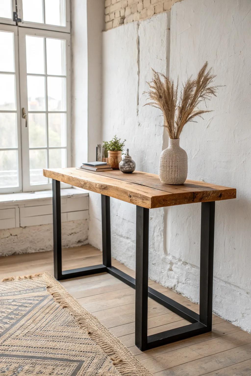 Bold industrial altar table: reclaimed wood warmth paired with sleek black steel strength.