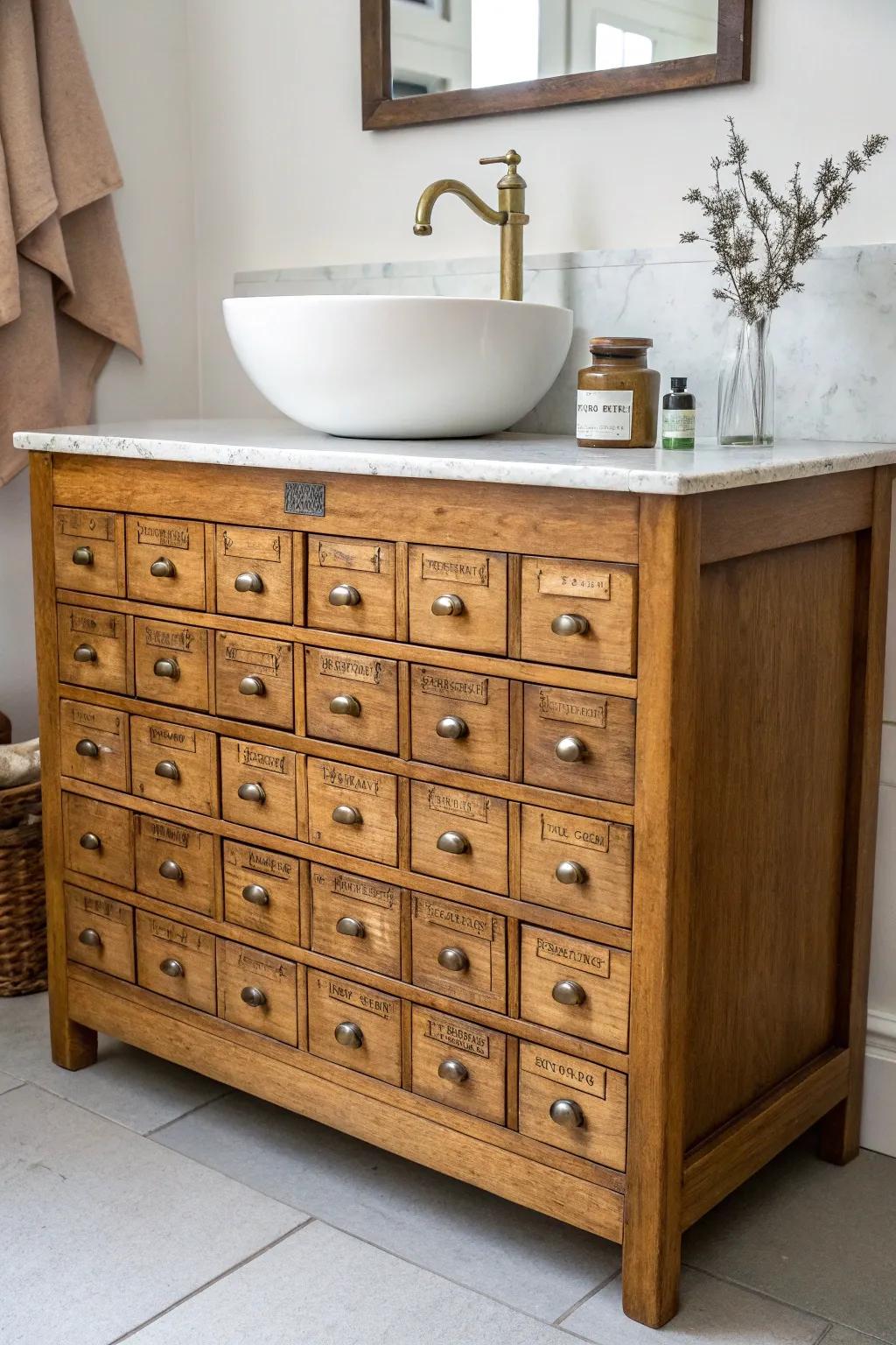 A collector’s dream: an antique apothecary cabinet vanity with tiny drawers for every detail.