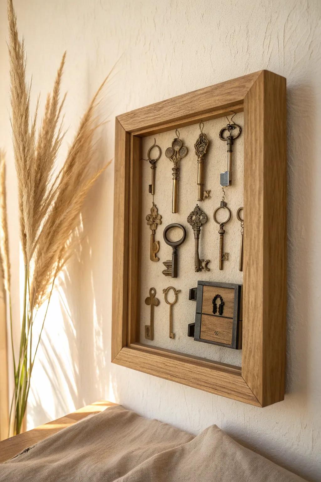 A mini museum wall: oak shadow box showcasing antique keys and weathered hardware.