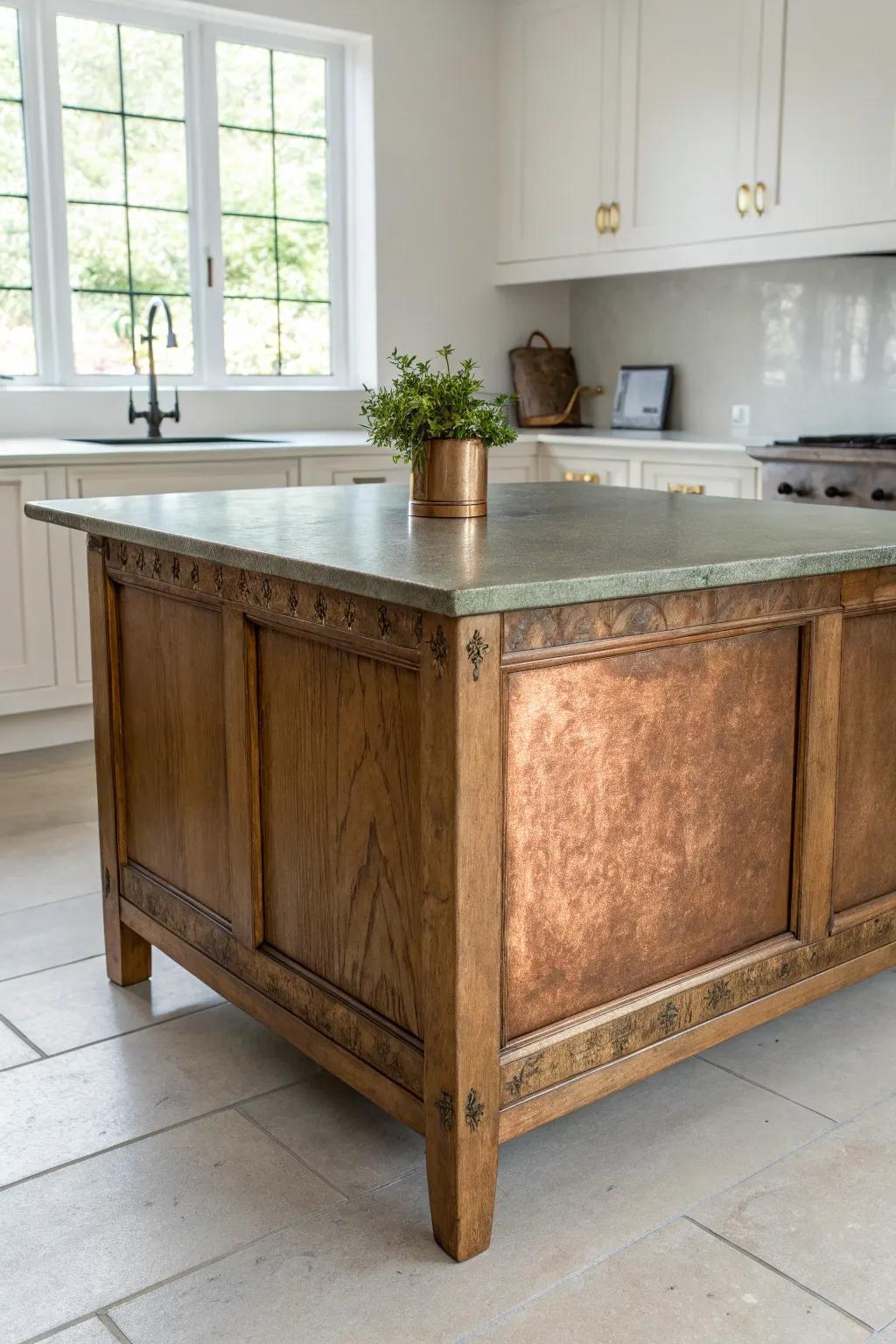 Copper-topped antique island with warm patina—distressed wood base for a cozy vintage glow.