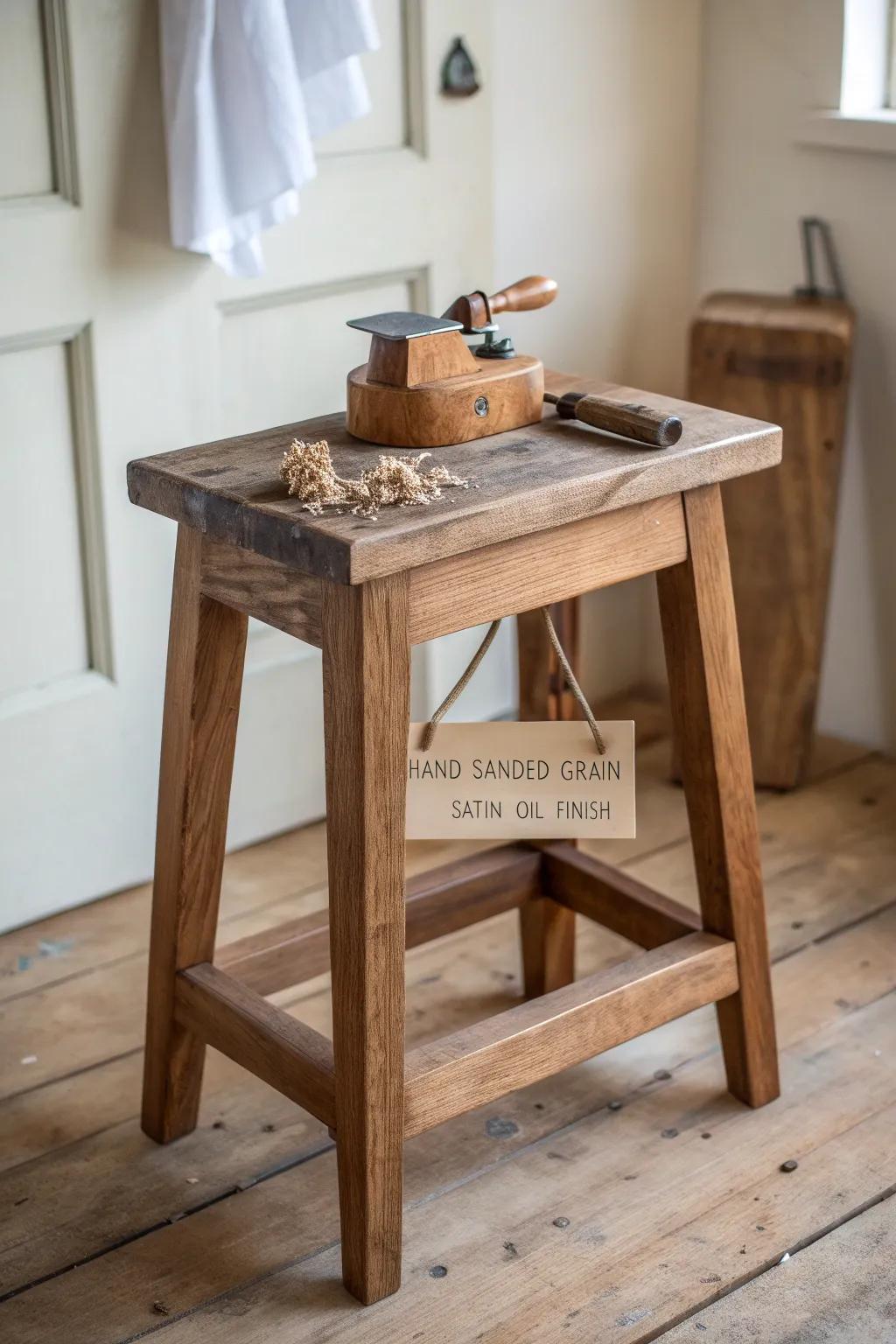 A tiny maker’s corner: restored wood, vintage tools, and shavings that tell its story.