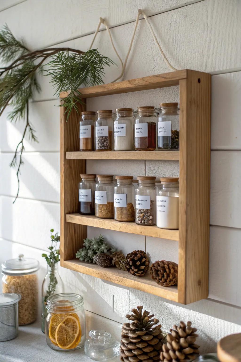 A rotating apothecary specimen shelf—pinecones, dried citrus, and seed pods in simple jars.