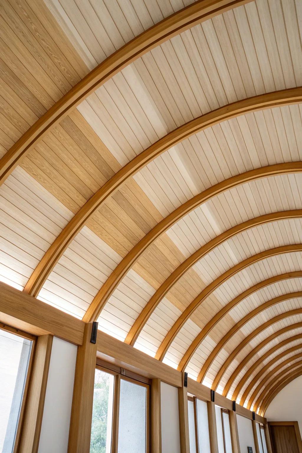Wood ribs + soft acoustic inserts: calm the echo while keeping arched-ceiling drama.