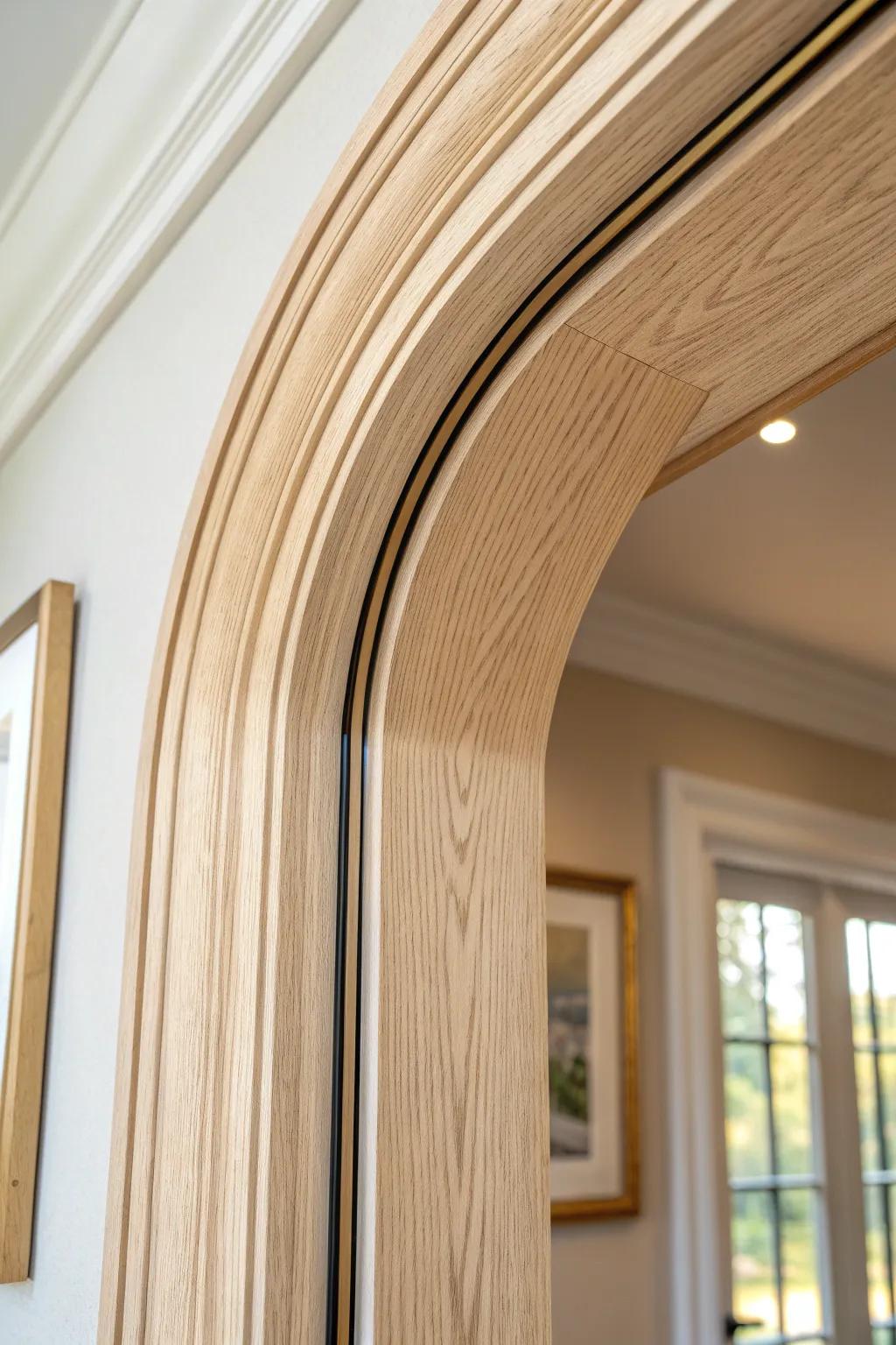 Light oak archway trim with a slim metal inlay stripe—subtle craftsmanship that glows.