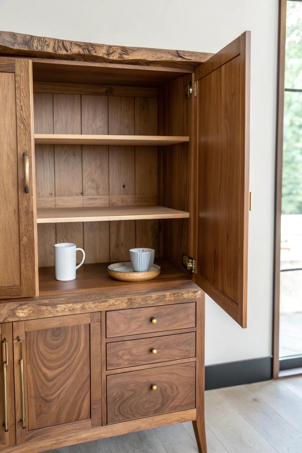 A live-edge shelf adds a handcrafted wow moment—natural grain, soft light, instant coffee-bar charm.