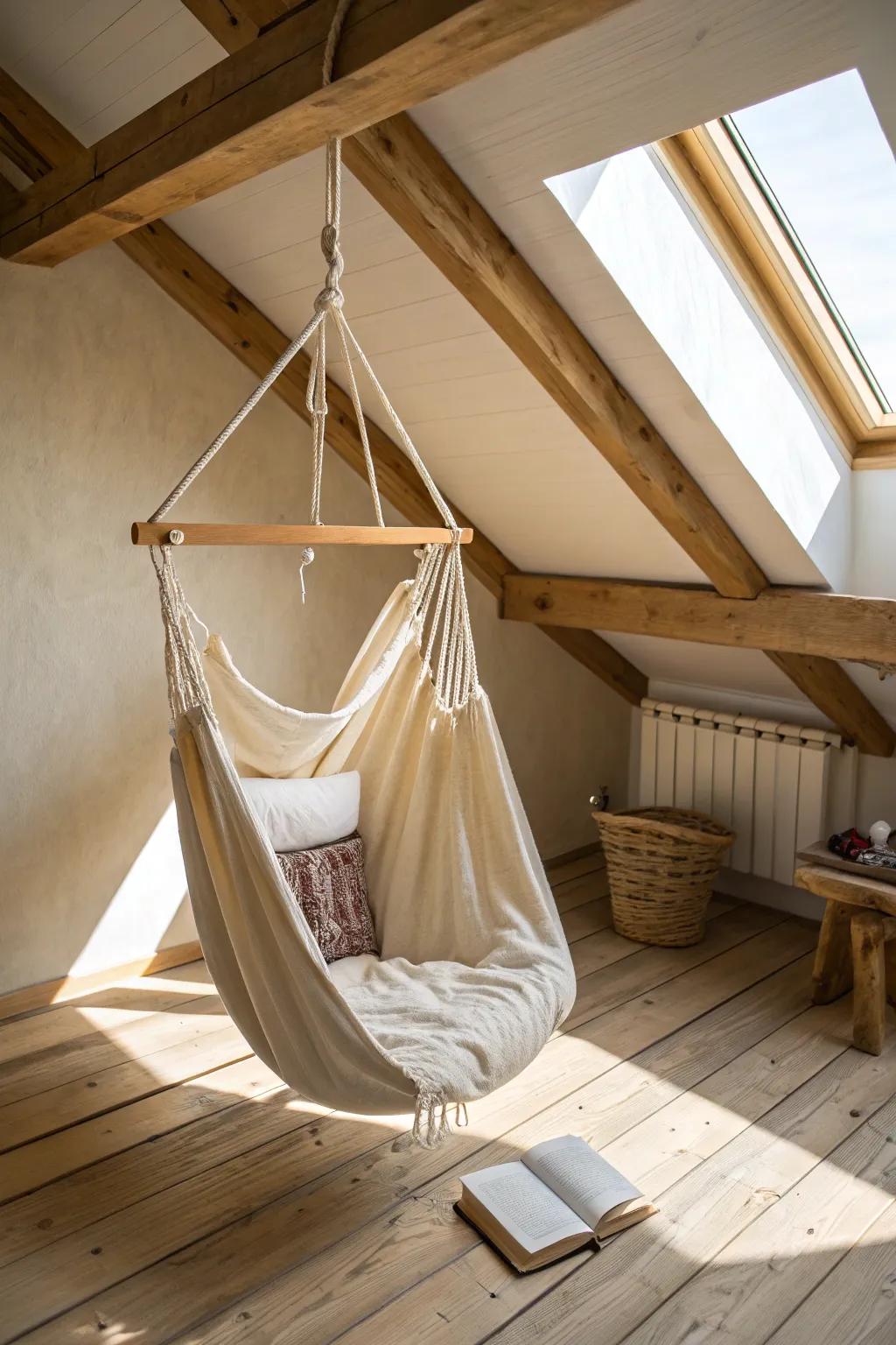 A floating hammock chair under attic rafters—minimal, boho-soft, and made for quiet reading.