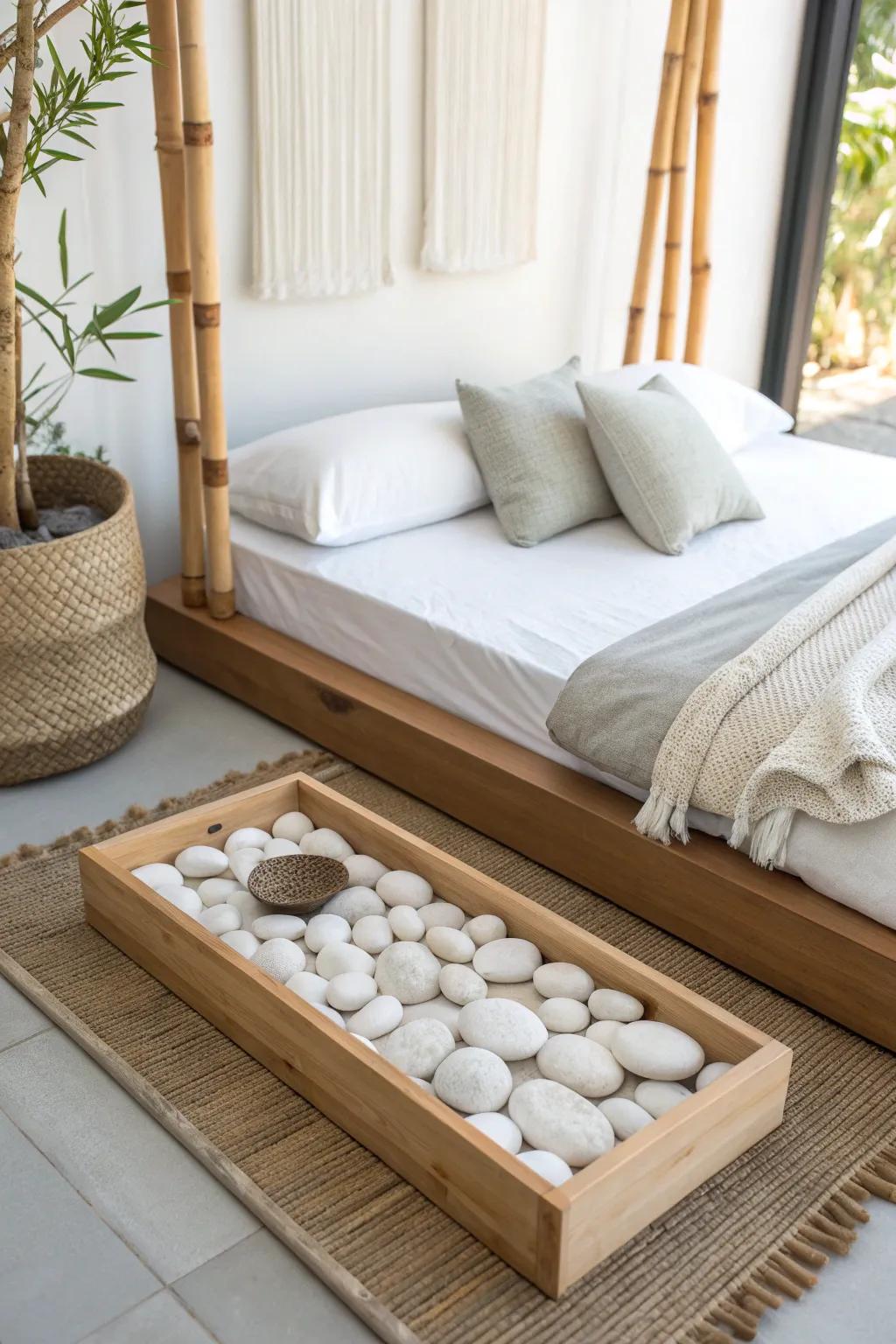Bamboo poles in white stones create a serene, spa-like bed nook with clean Scandinavian calm.