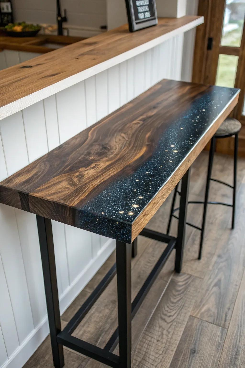 A dark walnut bar top with a shimmering “night sky” resin inlay—minimal, moody, mesmerizing.