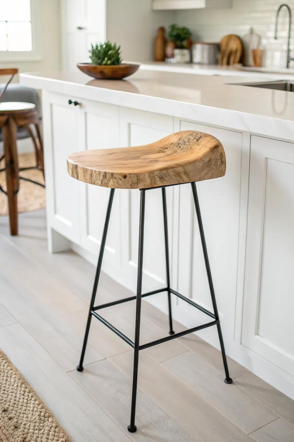 Live-edge bar stool: a sculptural wood seat that adds warmth and wow to a white kitchen.