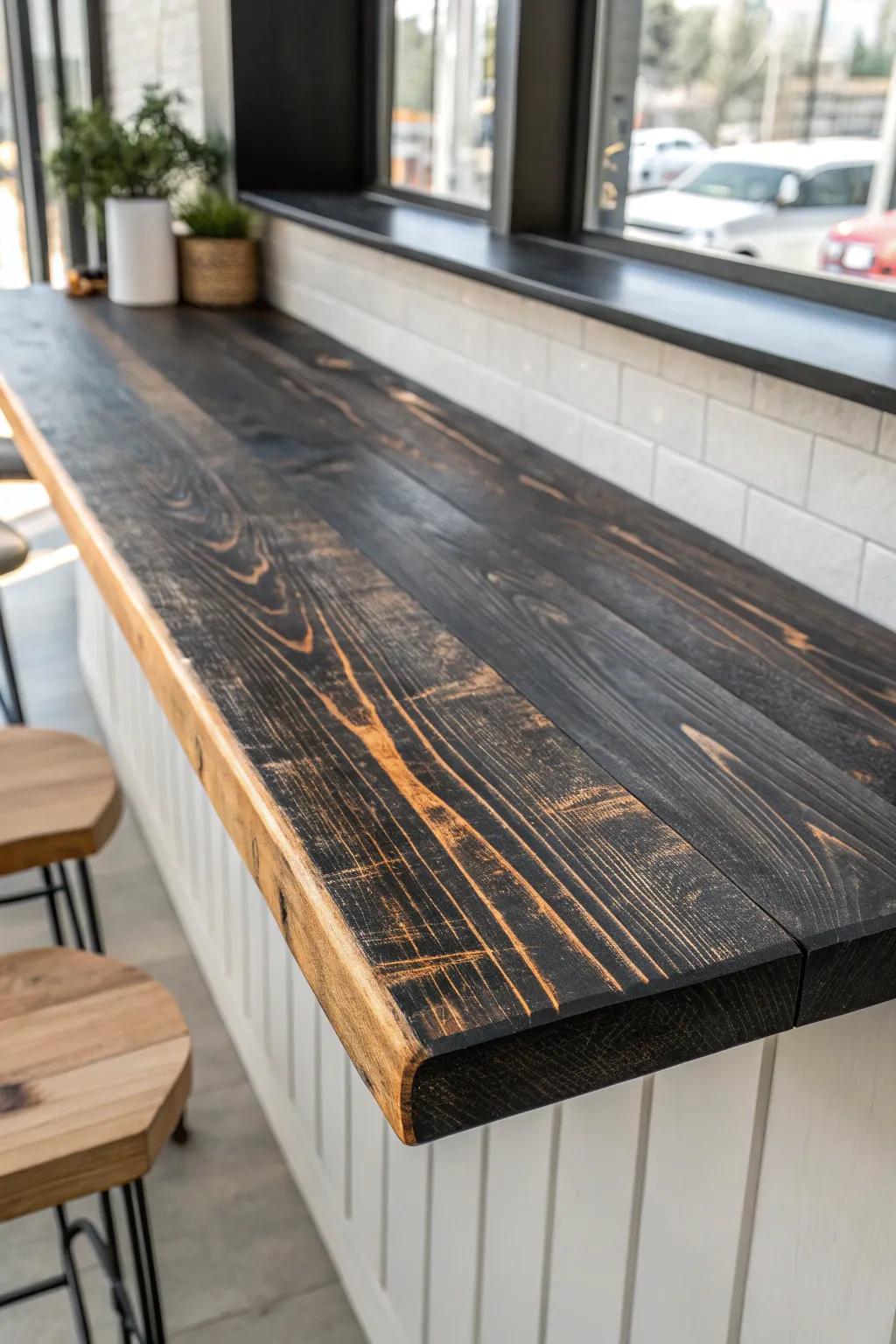 Charred grain, sealed smooth—this burned-wood bar top look is rustic, refined, and durable.