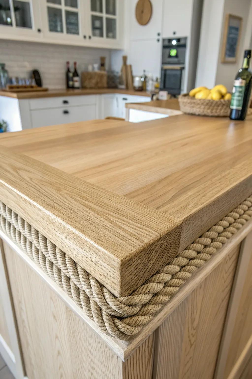 Neat rope-wrapped bar top edge—nautical charm with a recessed groove for a snag-free finish.