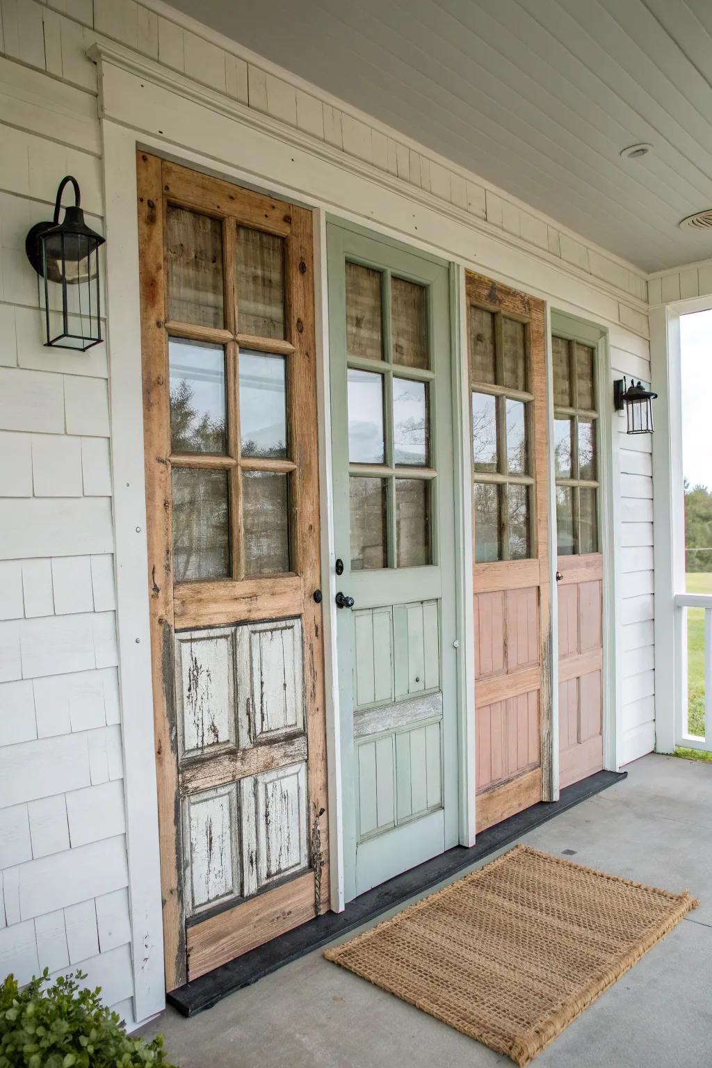 Upcycled doors and window panels create a stunning patchwork siding moment under the porch.