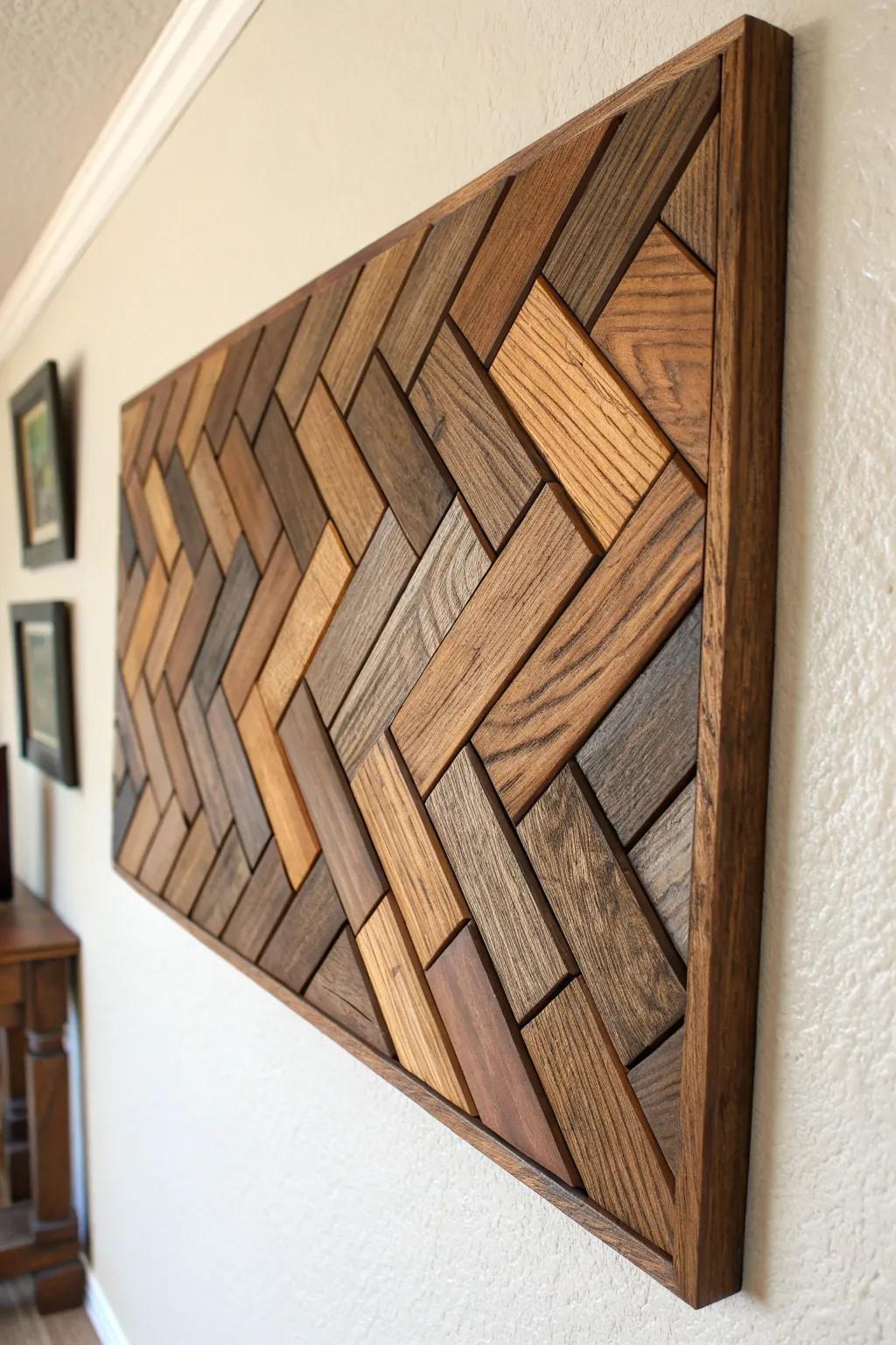 Geometric barrel-stave mosaic panel—warm tones, charred accents, and bold shadowed texture.
